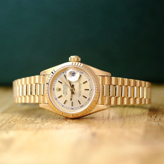 ROLEX DATEJUST CHAMPAGNE DIAL 18K YELLOW GOLD PRESIDENT 69178 BOX&PAPER - Luxuriant Concierge