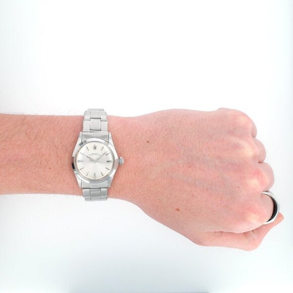 Rolex Oyster Perpetual 6548 31mm Silver Dauphine Index Dial Oyster Watch - Luxuriant Concierge