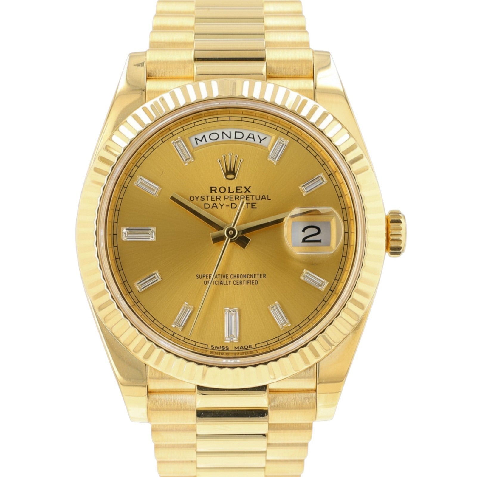 Rolex Day-Date 228238 40mm 18KY Gold Champagne Baguette Dial President Watch - Luxuriant Concierge