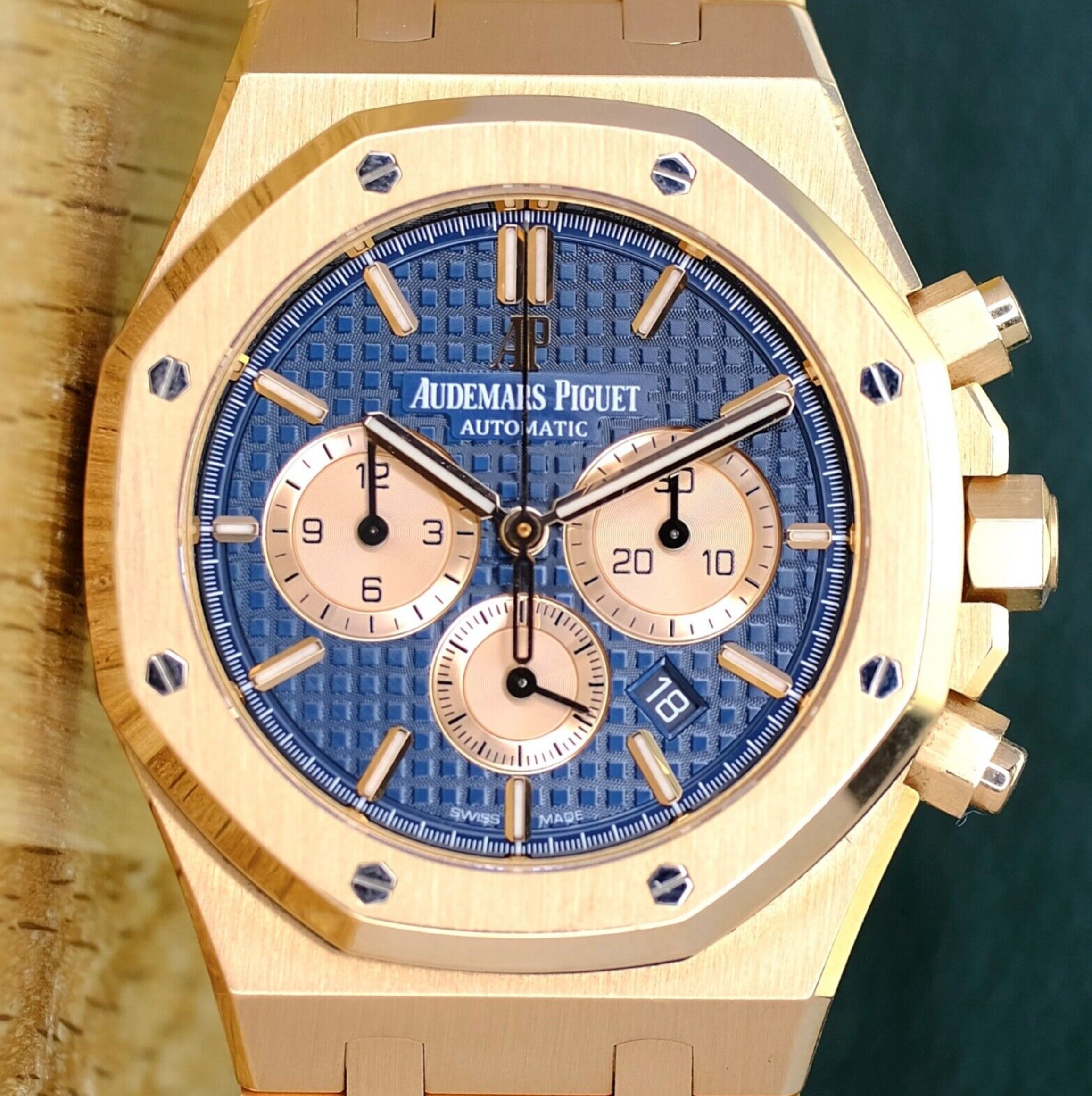 Audemars Piguet Royal Oak Blue Dial 18K Rose Gold Chronograph - luxuriantconcierge