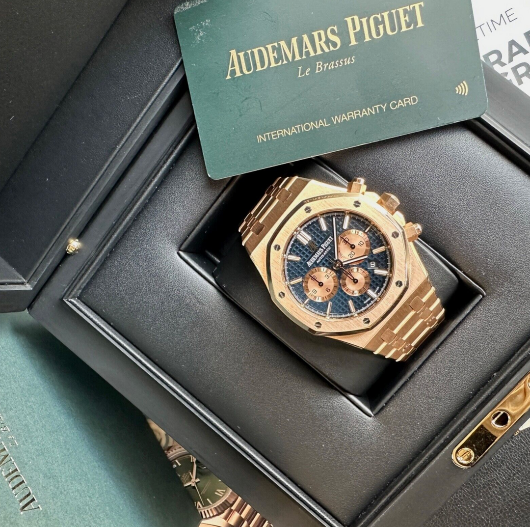 Audemars Piguet Royal Oak Blue Dial 18K Rose Gold Chronograph - luxuriantconcierge