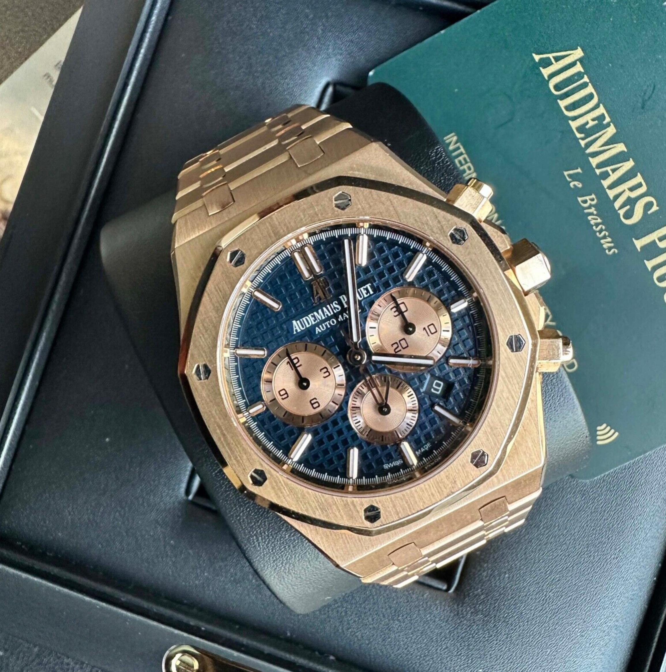 Audemars Piguet Royal Oak Blue Dial 18K Rose Gold Chronograph - luxuriantconcierge