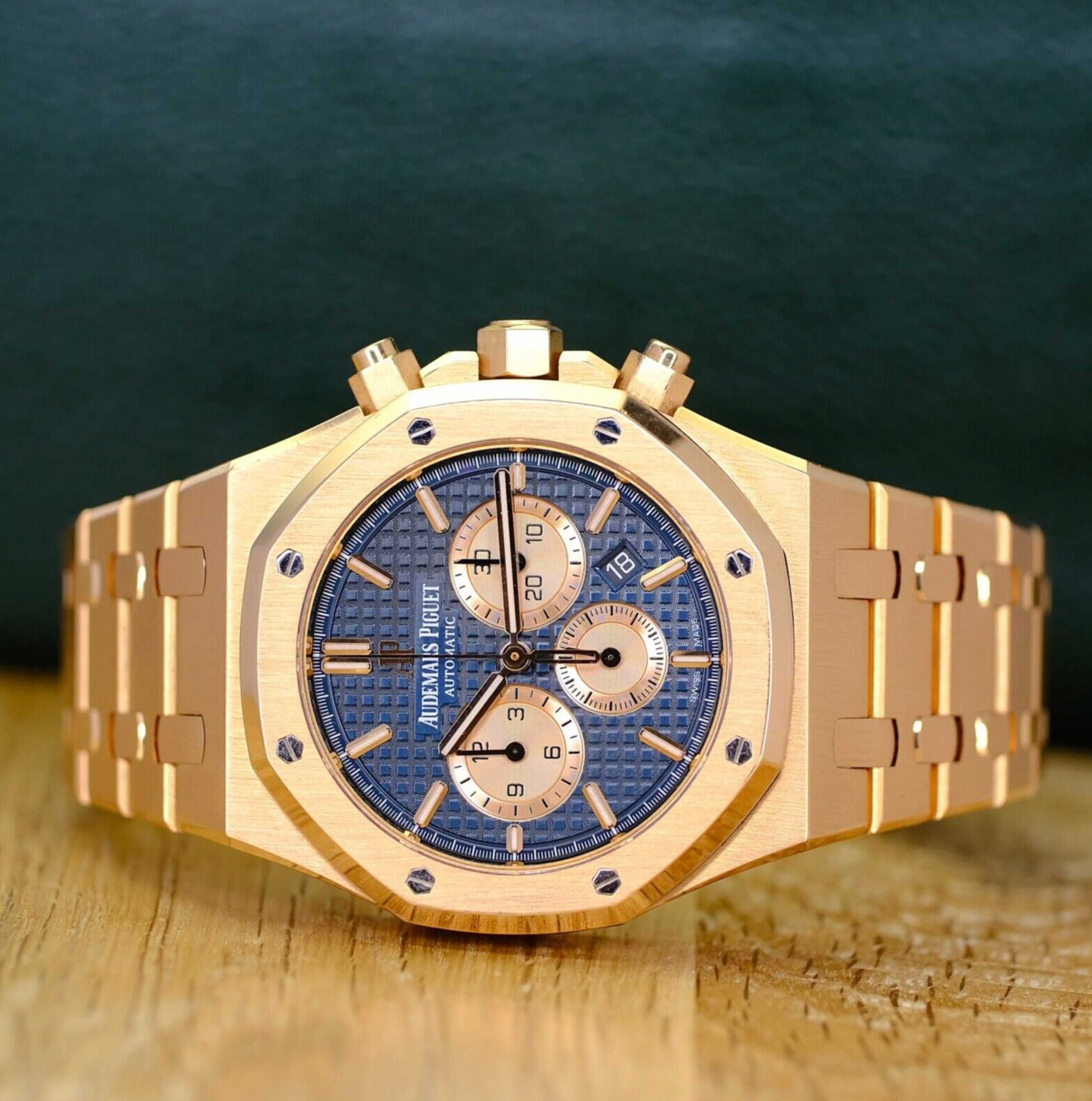 Audemars Piguet Royal Oak Blue Dial 18K Rose Gold Chronograph - luxuriantconcierge