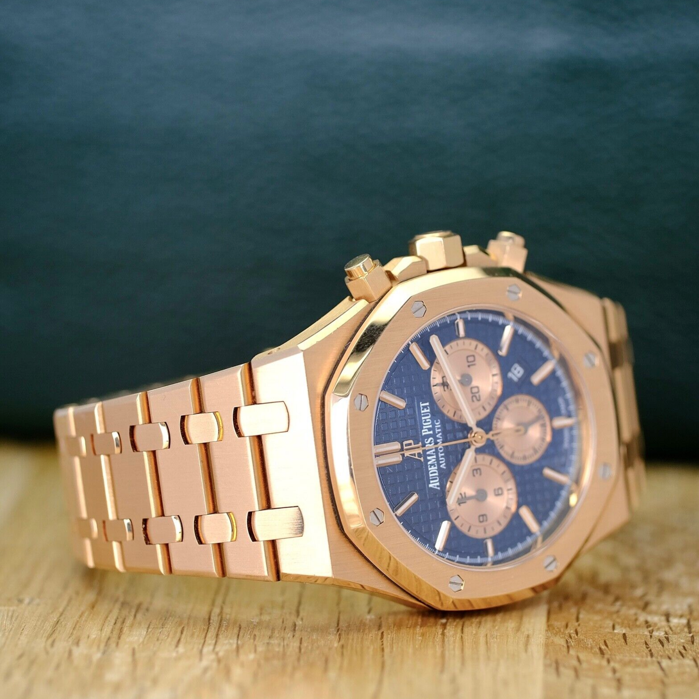 Audemars Piguet Royal Oak Blue Dial 18K Rose Gold Chronograph - luxuriantconcierge