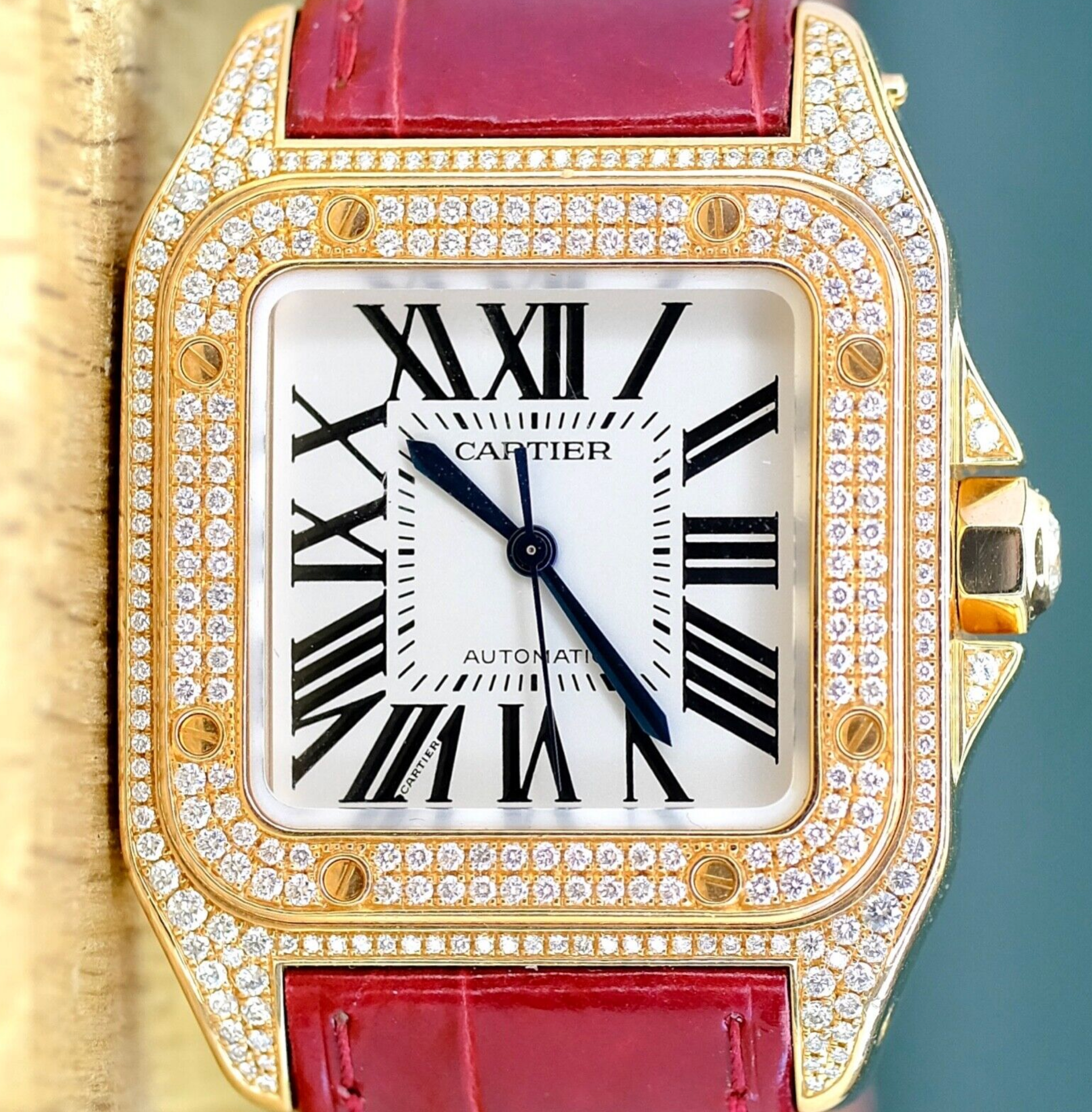 Cartier Santos 100 Rose Gold Custom Diamond Red Leather Strap 2879 - luxuriantconcierge