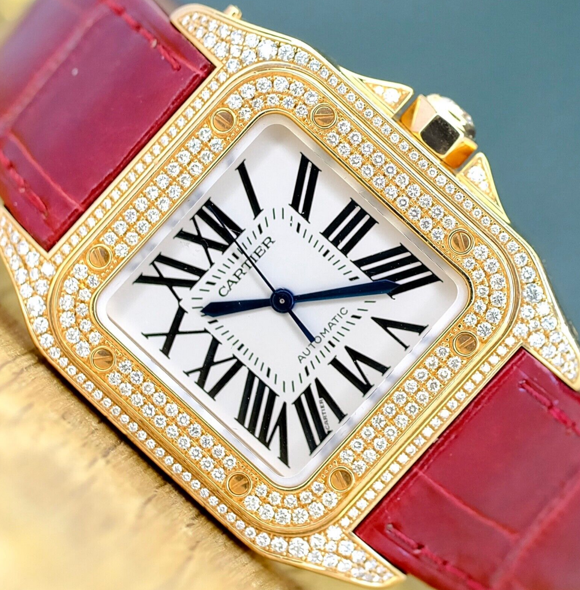 Cartier Santos 100 Rose Gold Custom Diamond Red Leather Strap 2879 - luxuriantconcierge