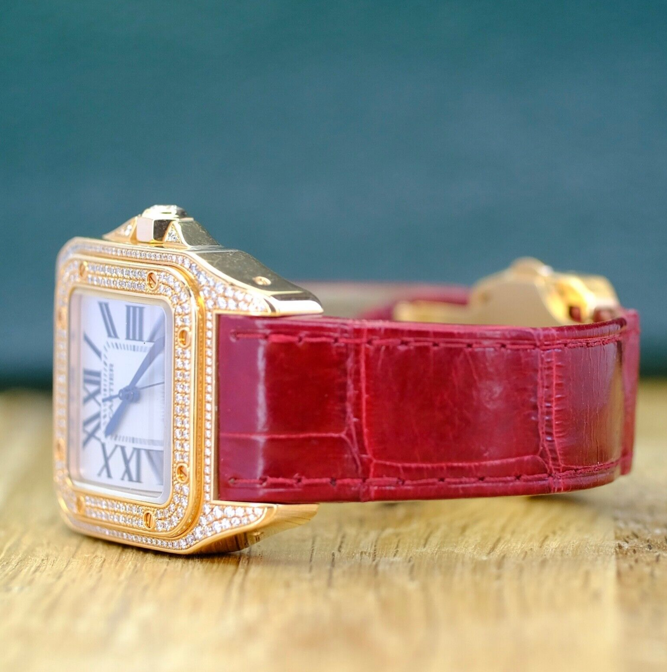 Cartier Santos 100 Rose Gold Custom Diamond Red Leather Strap 2879 - luxuriantconcierge