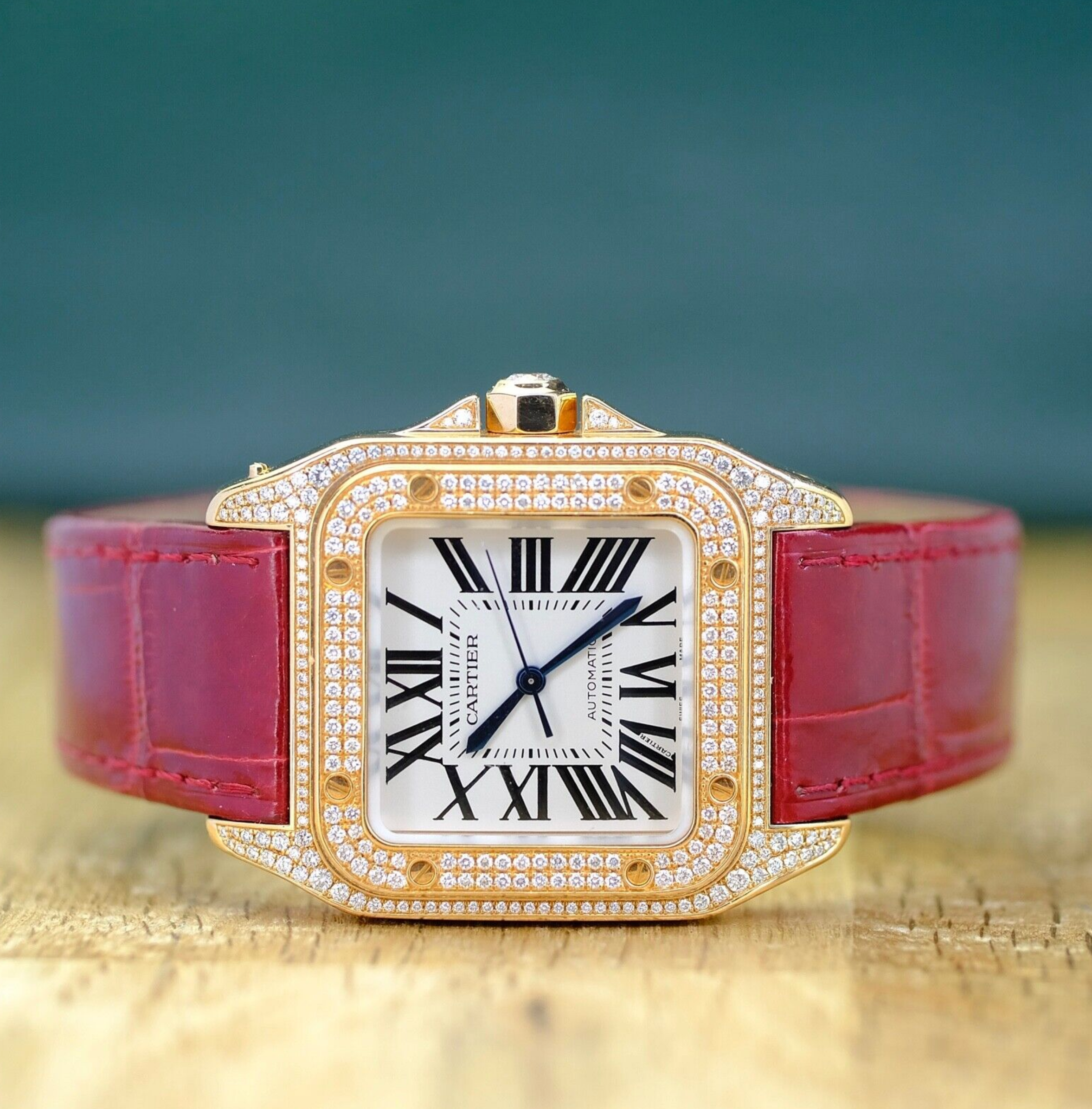 Cartier Santos 100 Rose Gold Custom Diamond Red Leather Strap 2879 - luxuriantconcierge