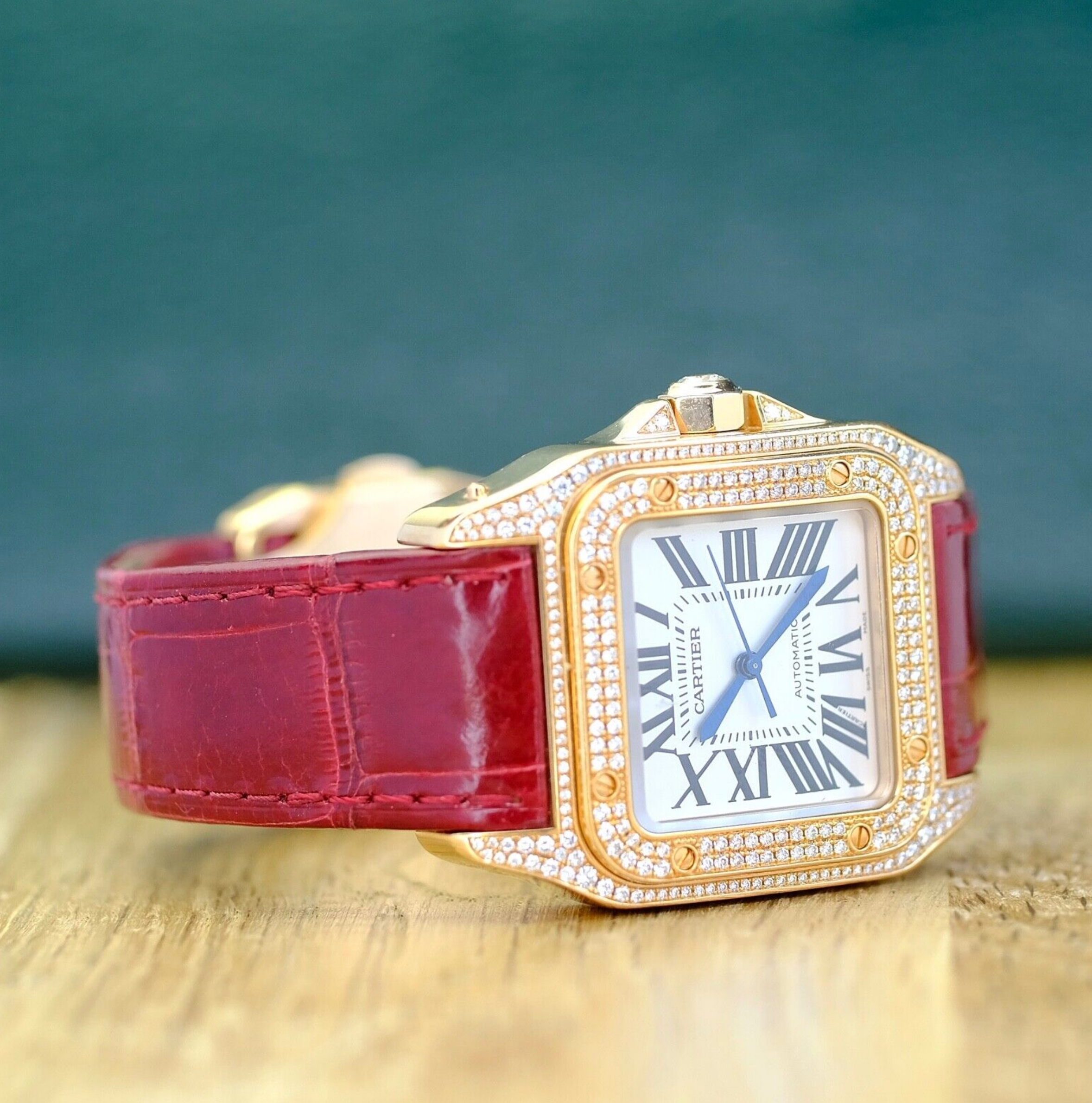 Cartier Santos 100 Rose Gold Custom Diamond Red Leather Strap 2879 - luxuriantconcierge