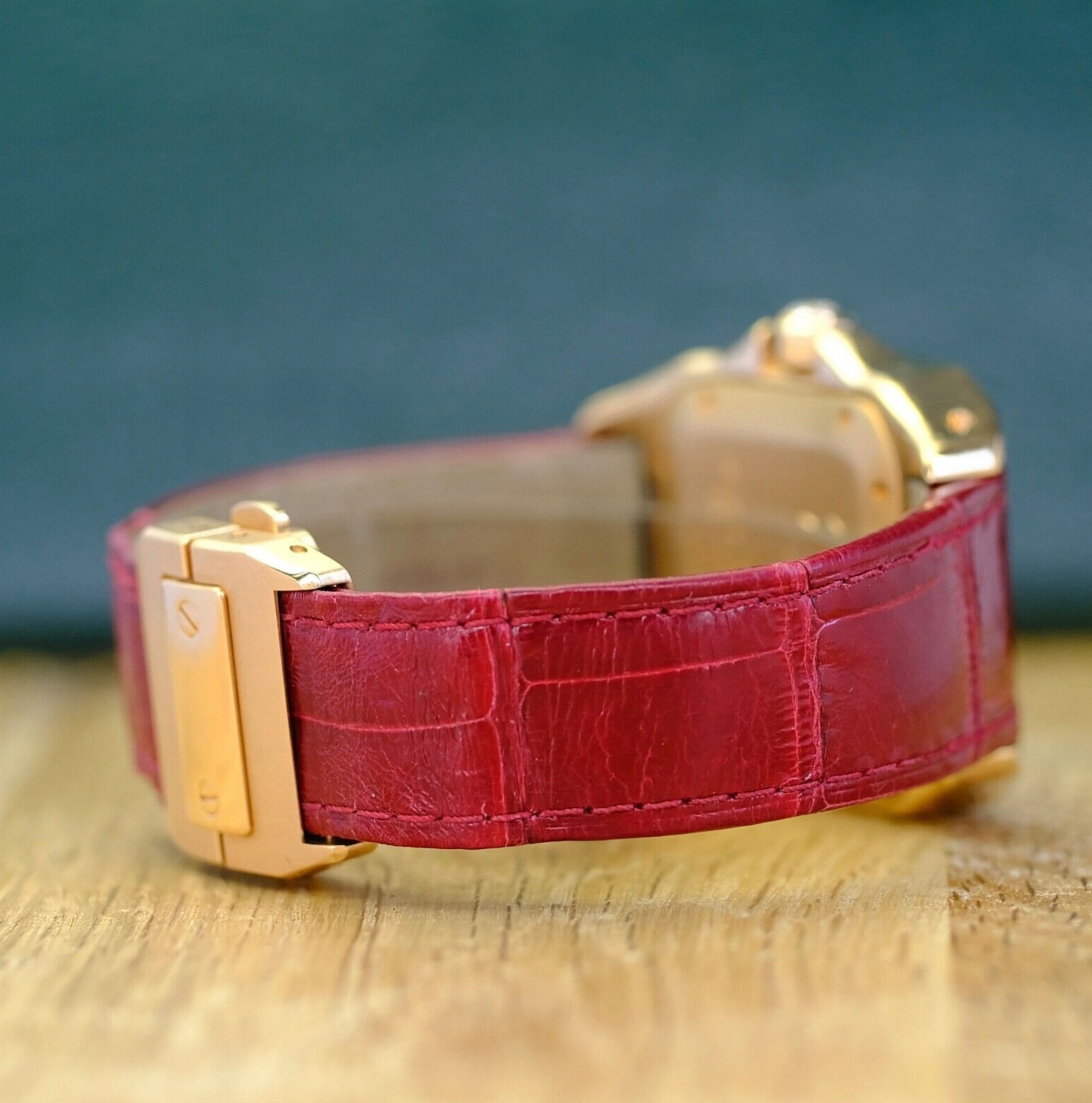 Cartier Santos 100 Rose Gold Custom Diamond Red Leather Strap 2879 - luxuriantconcierge