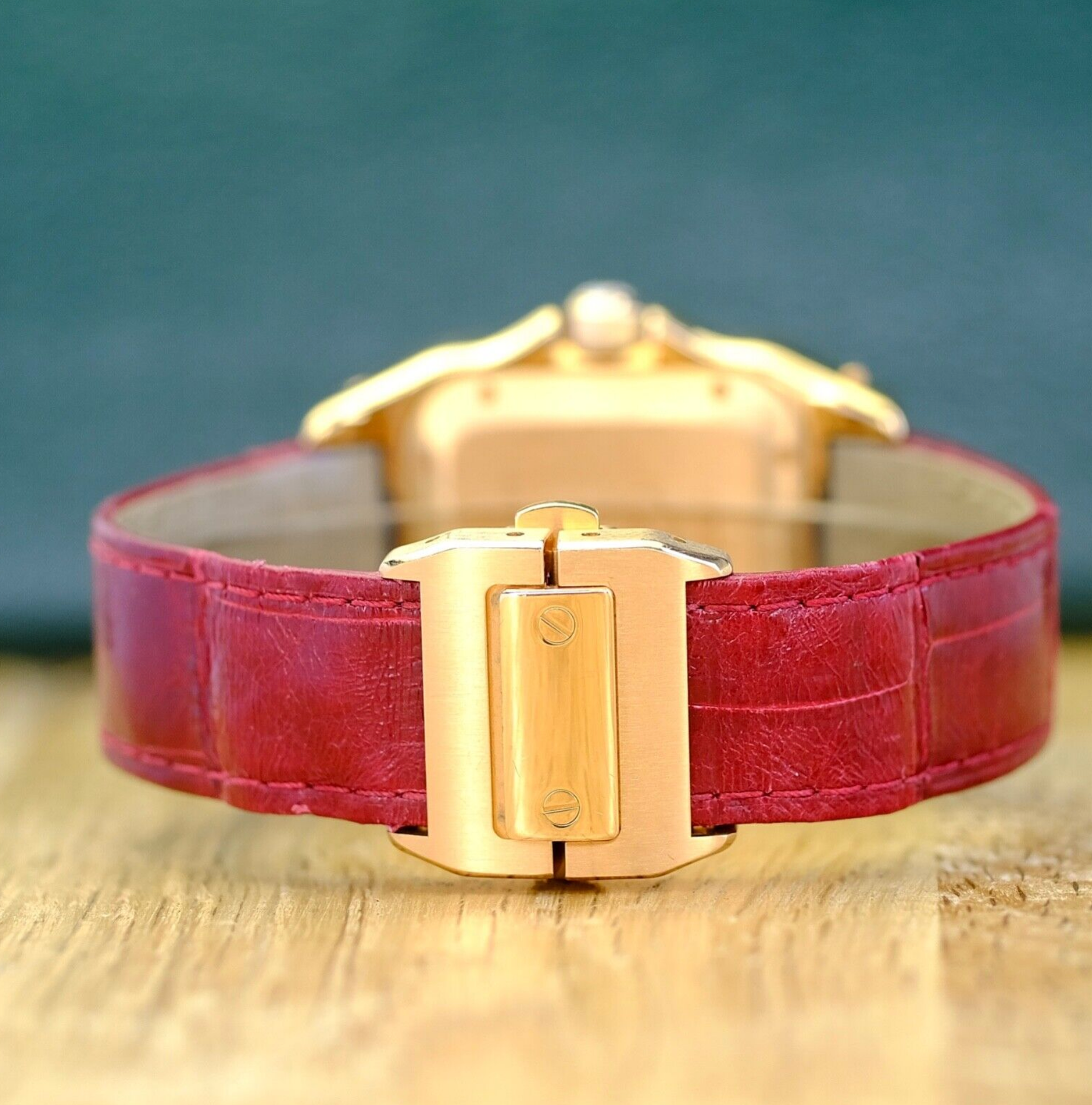 Cartier Santos 100 Rose Gold Custom Diamond Red Leather Strap 2879 - luxuriantconcierge