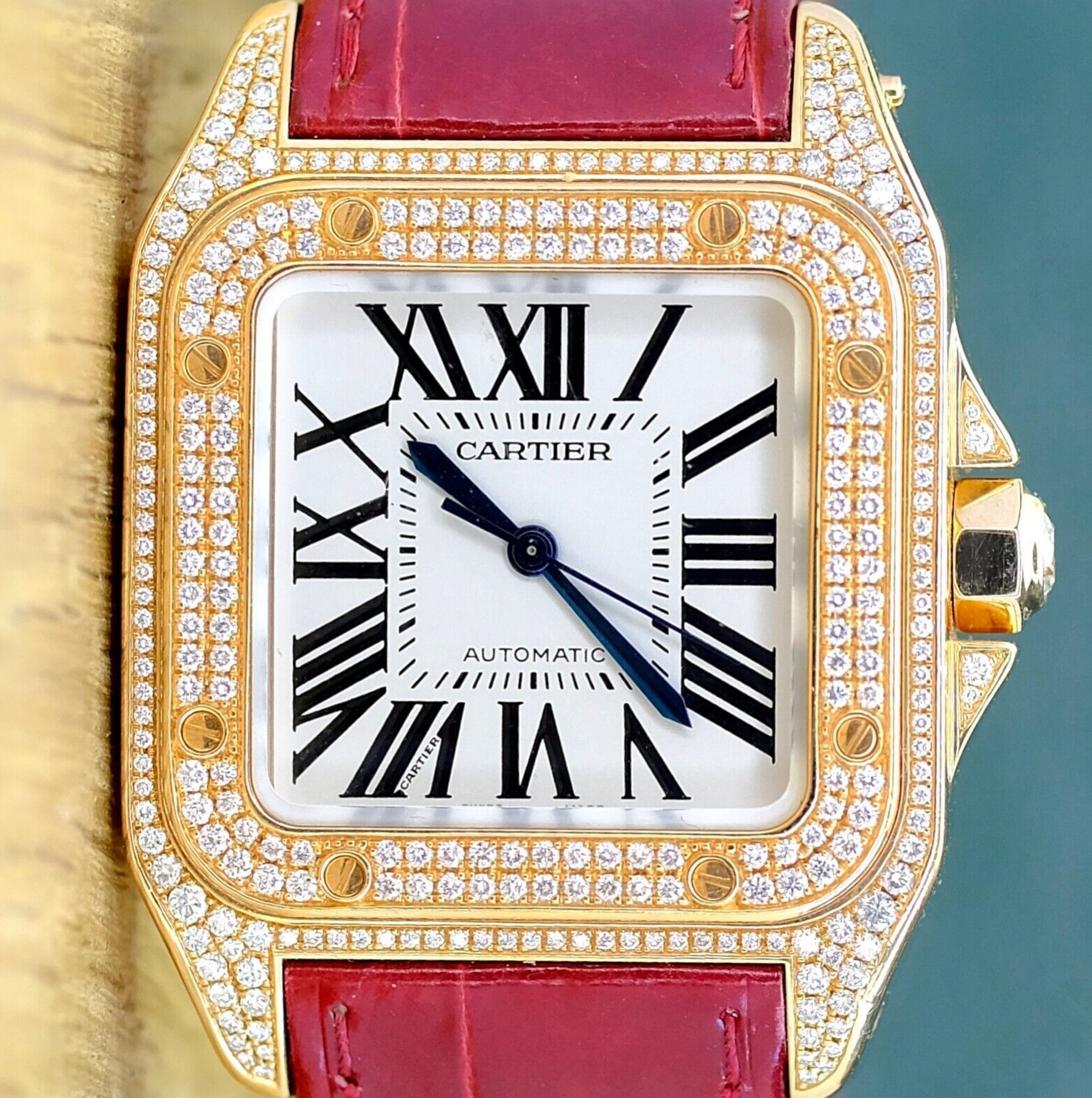 Cartier Santos 100 Rose Gold Custom Diamond Red Leather Strap 2879 - luxuriantconcierge