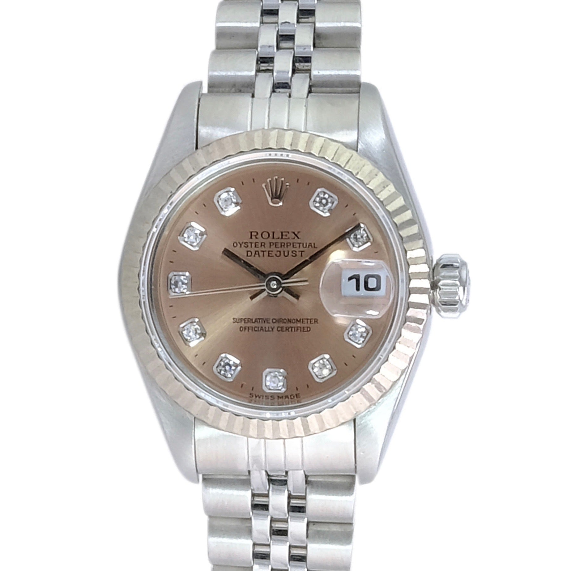 Rolex Datejust Salmon Diamond Dial Jubilee 69174 - luxuriantconcierge