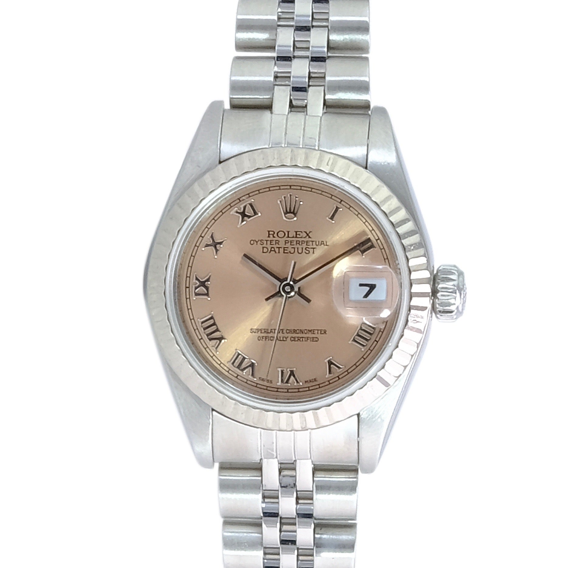 Rolex Datejust Salmon Roman Numeral Jubilee 69174 - luxuriantconcierge