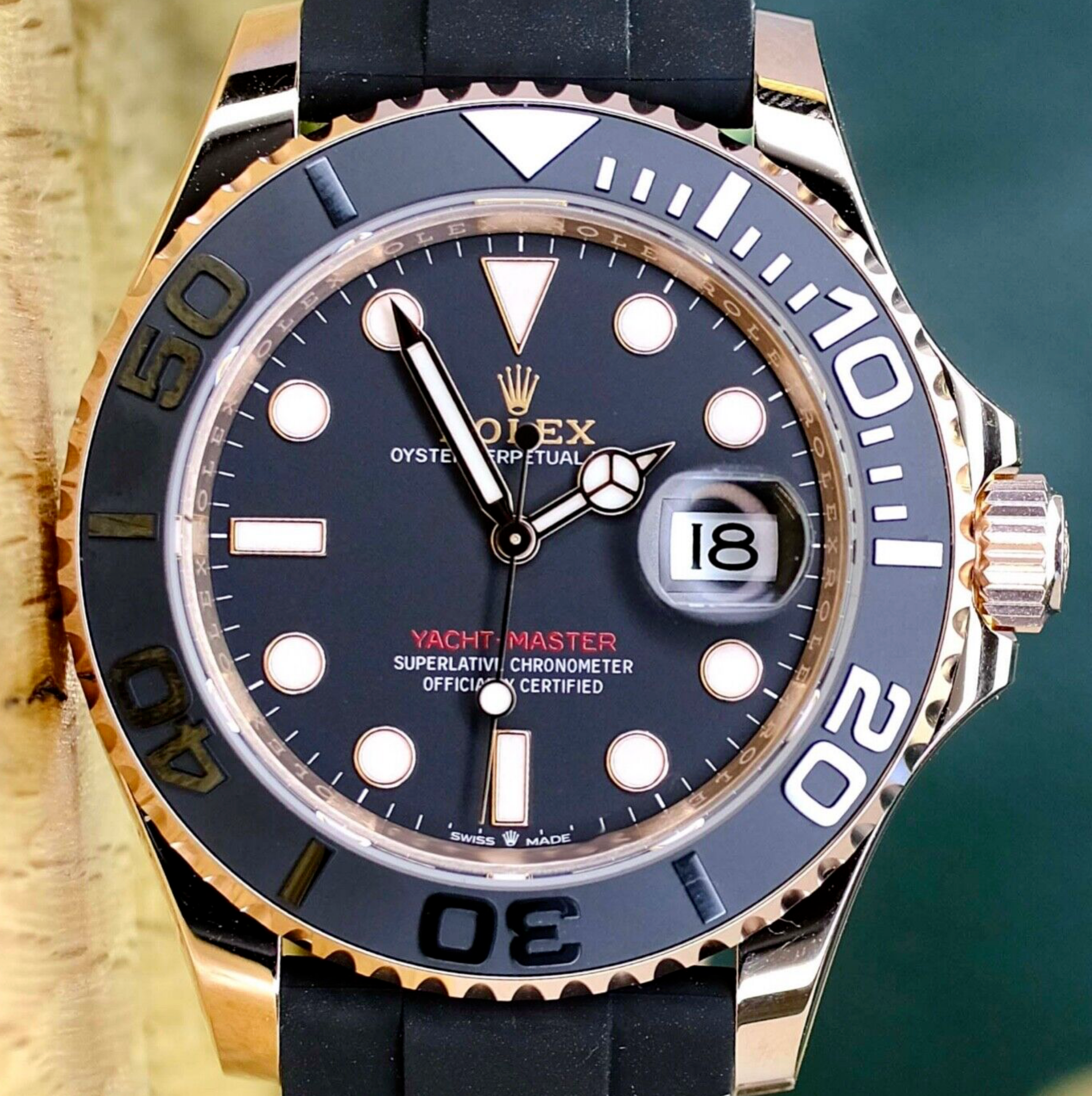 New 2023 Rolex Yacht-master 18K Rose Gold Black Dial Oysterflex 126555 Watch - luxuriantconcierge