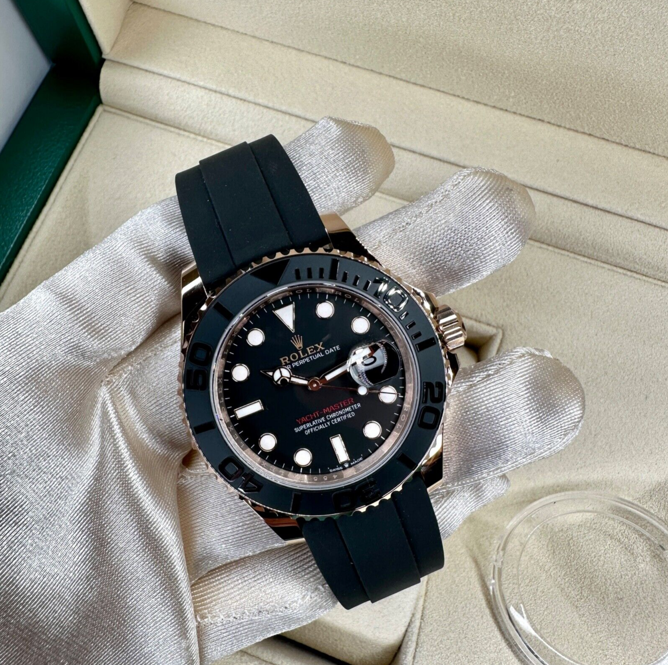 New 2023 Rolex Yacht-master 18K Rose Gold Black Dial Oysterflex 126555 Watch - luxuriantconcierge