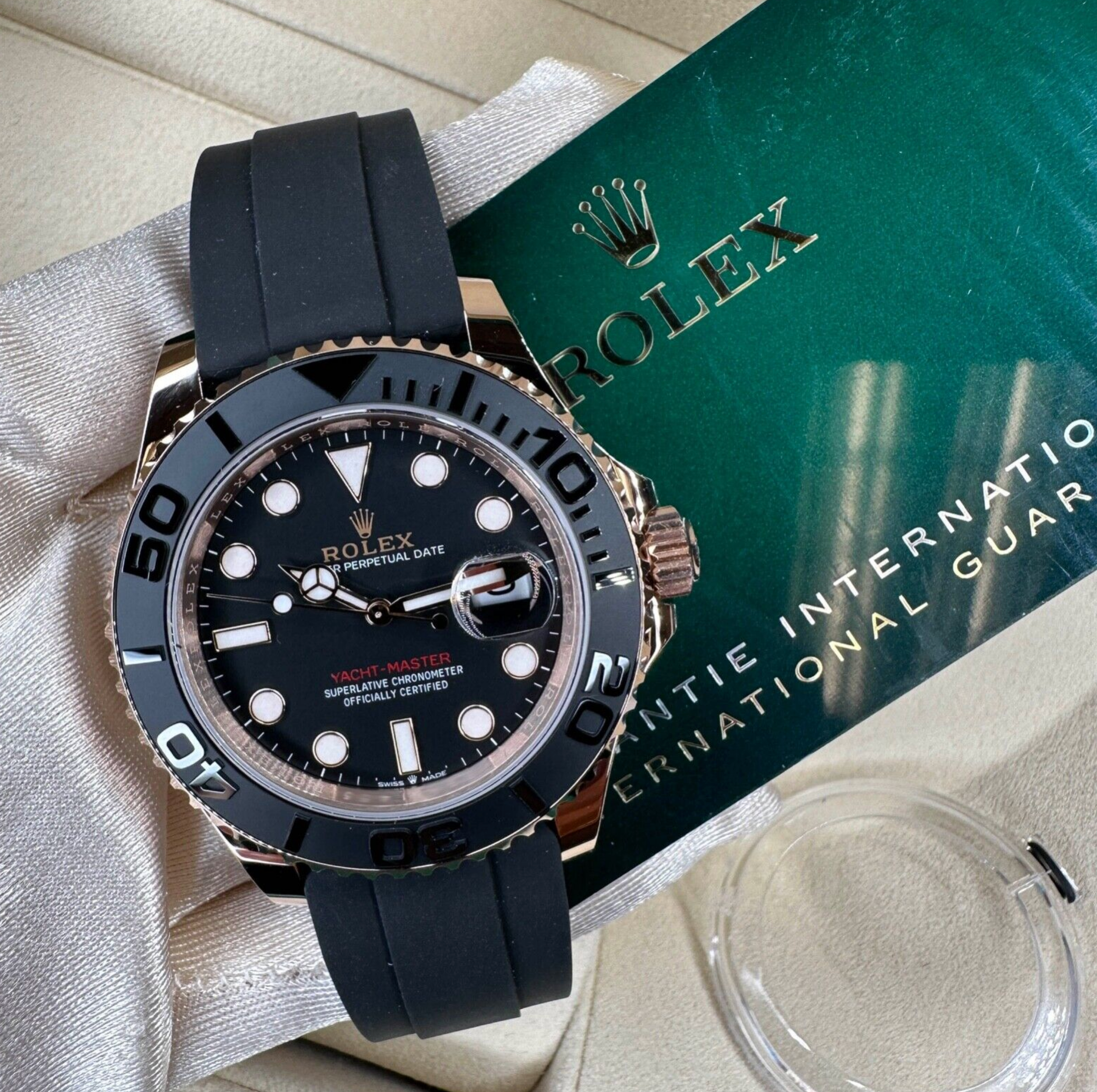 New 2023 Rolex Yacht-master 18K Rose Gold Black Dial Oysterflex 126555 Watch - luxuriantconcierge