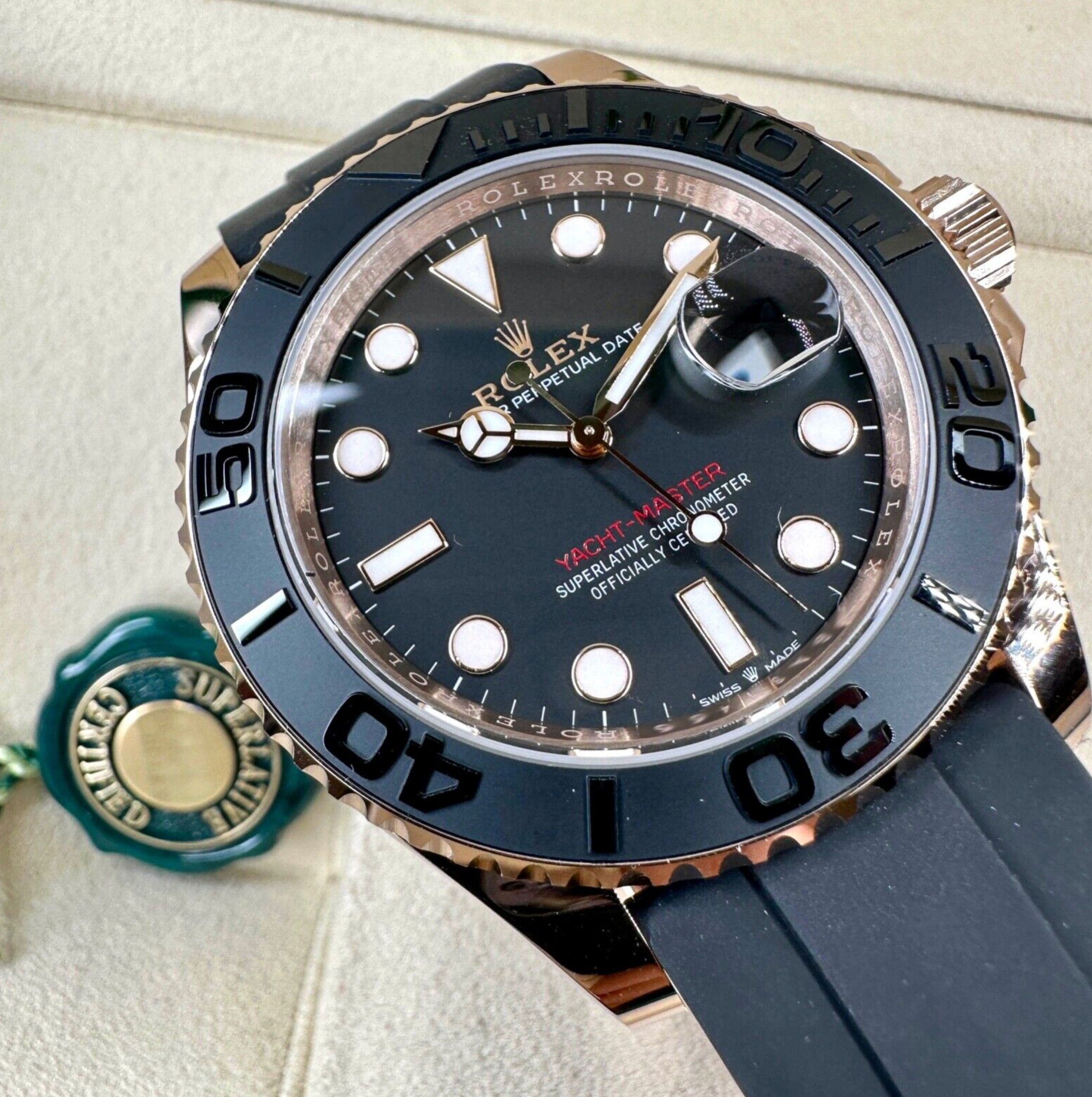 New 2023 Rolex Yacht-master 18K Rose Gold Black Dial Oysterflex 126555 Watch - luxuriantconcierge