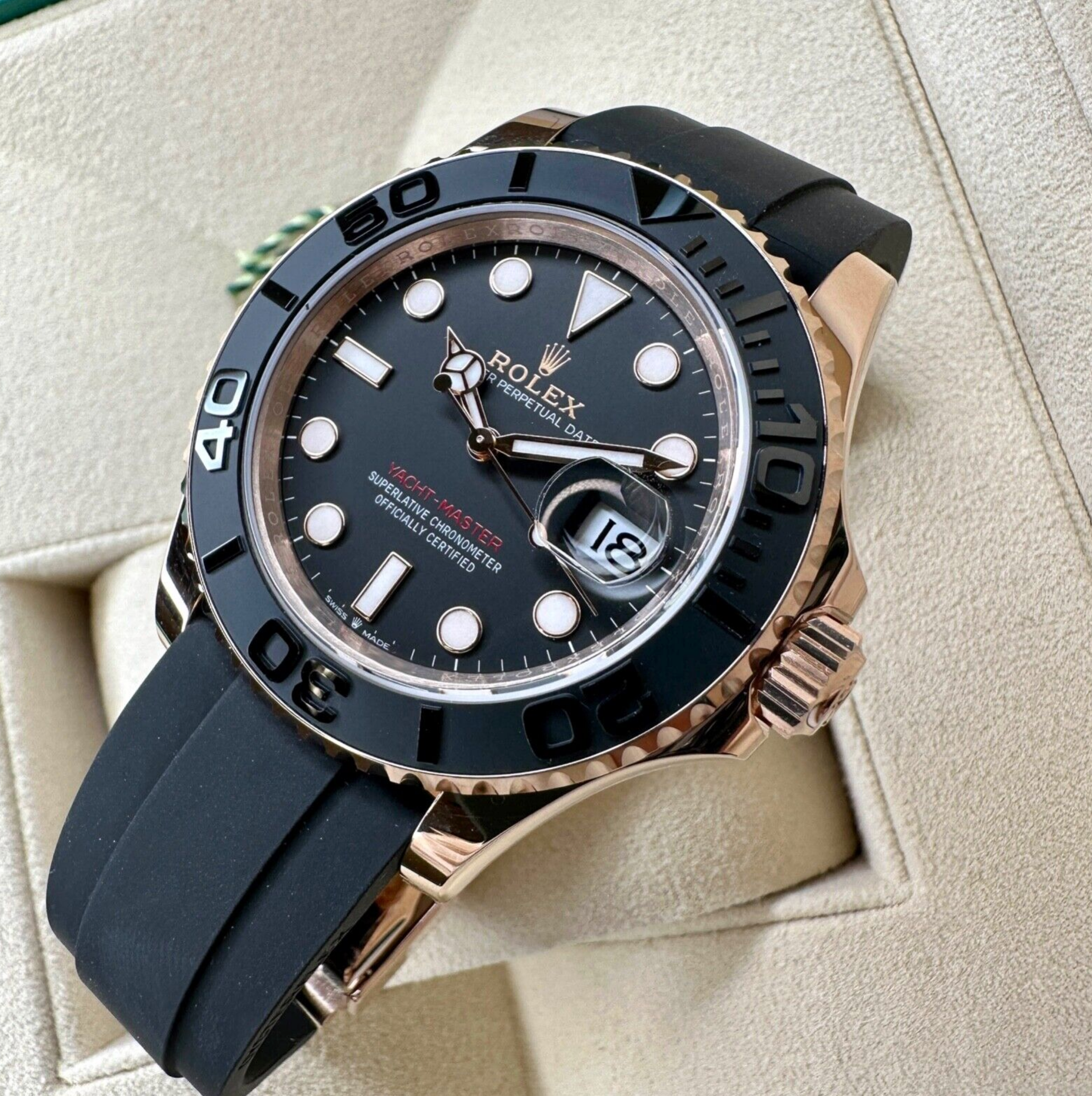 New 2023 Rolex Yacht-master 18K Rose Gold Black Dial Oysterflex 126555 Watch - luxuriantconcierge