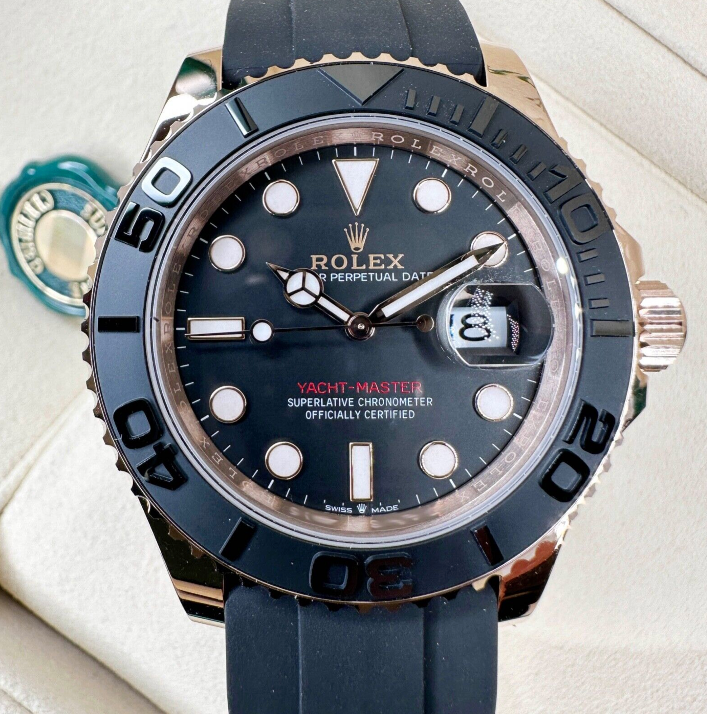 New 2023 Rolex Yacht-master 18K Rose Gold Black Dial Oysterflex 126555 Watch - luxuriantconcierge