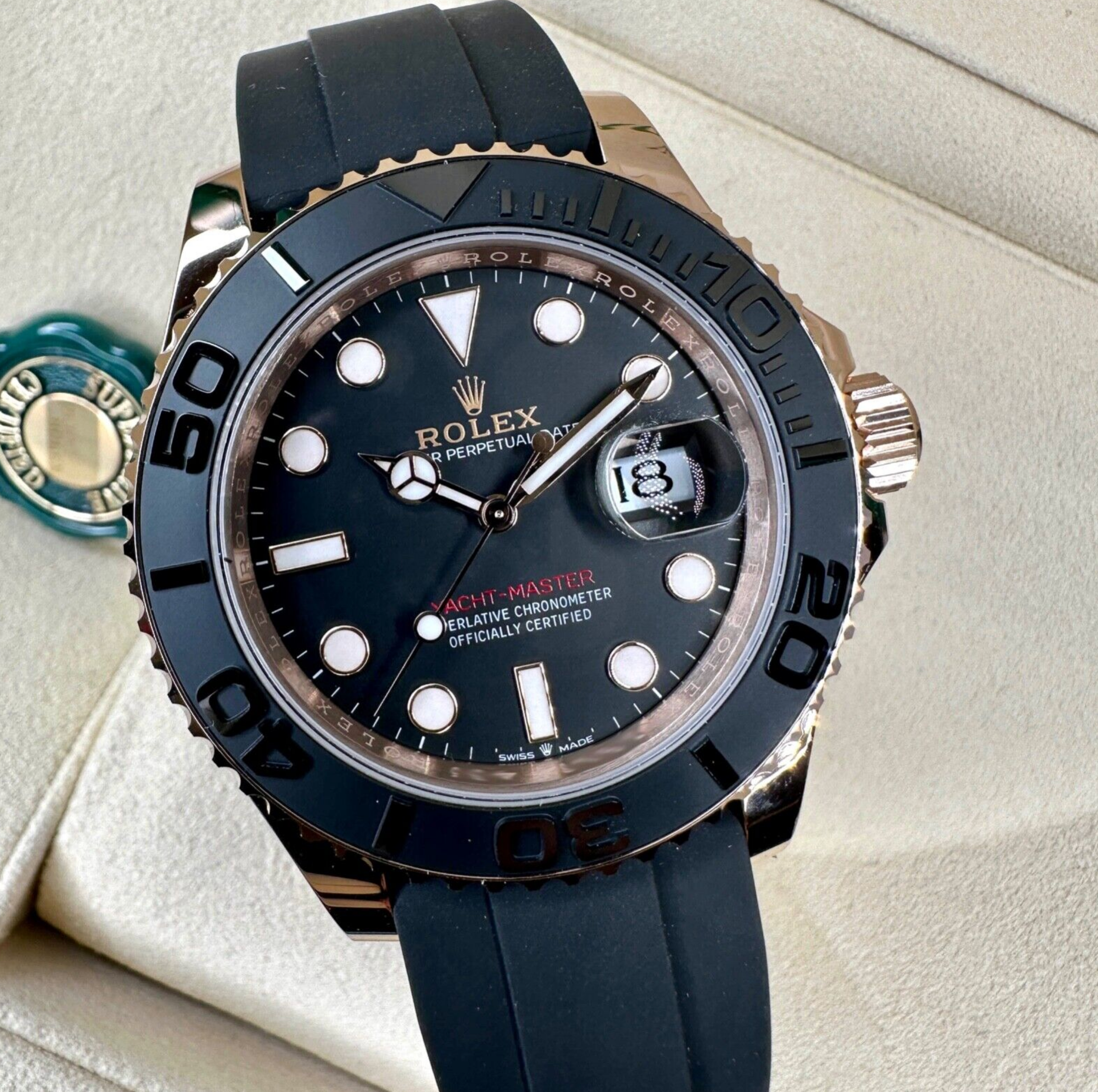 New 2023 Rolex Yacht-master 18K Rose Gold Black Dial Oysterflex 126555 Watch - luxuriantconcierge