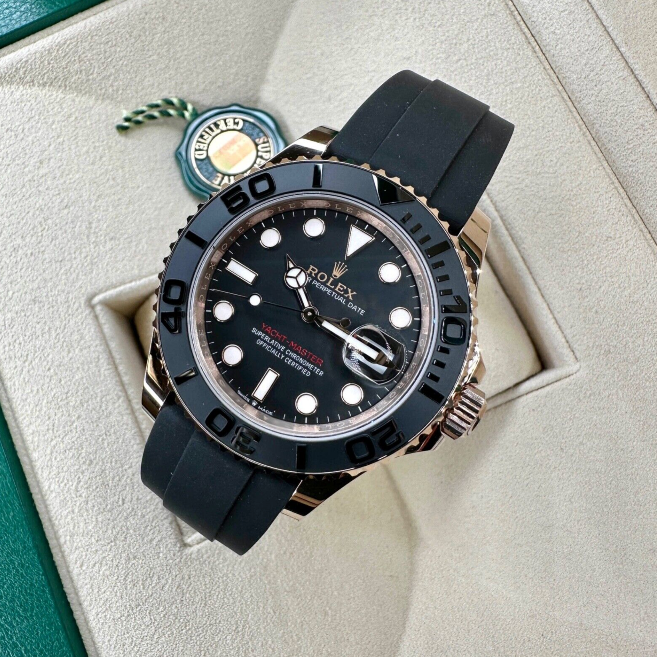 New 2023 Rolex Yacht-master 18K Rose Gold Black Dial Oysterflex 126555 Watch - luxuriantconcierge