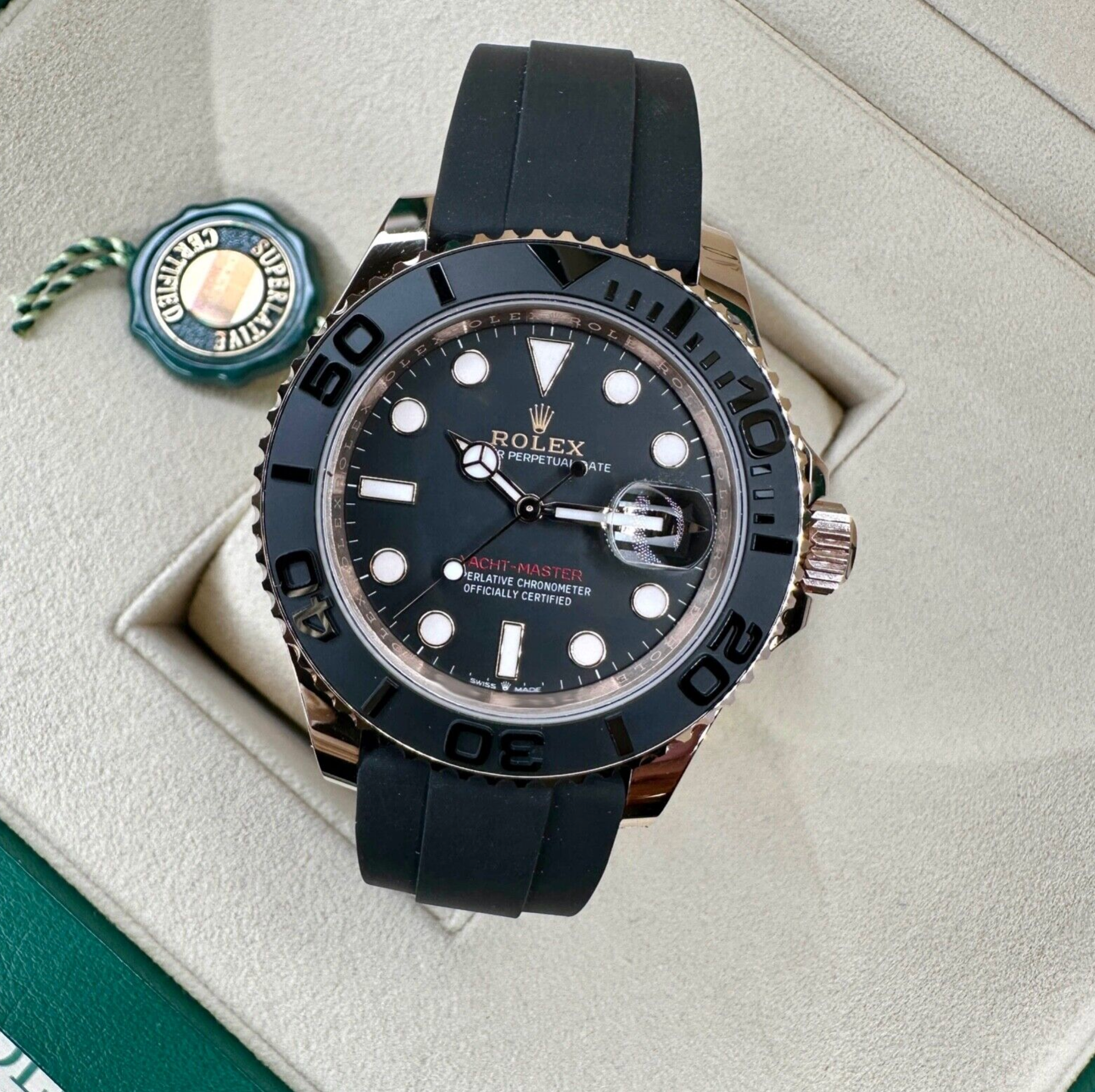 New 2023 Rolex Yacht-master 18K Rose Gold Black Dial Oysterflex 126555 Watch - luxuriantconcierge