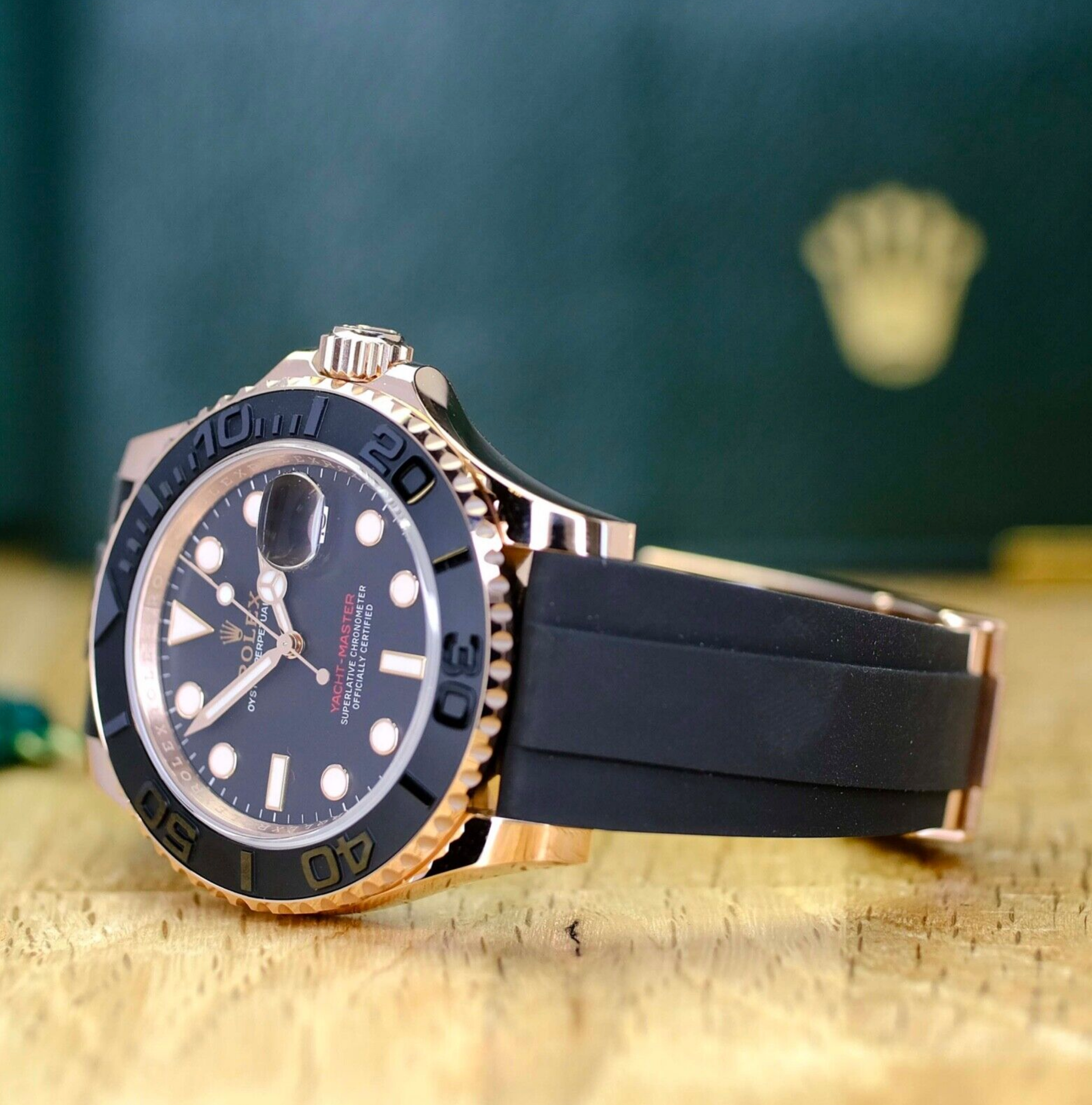 New 2023 Rolex Yacht-master 18K Rose Gold Black Dial Oysterflex 126555 Watch - luxuriantconcierge