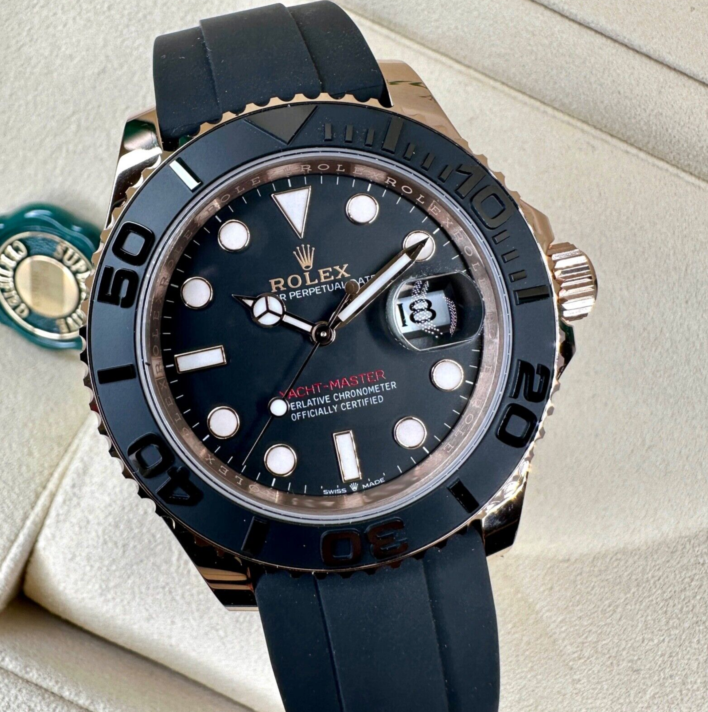 New 2023 Rolex Yacht-master 18K Rose Gold Black Dial Oysterflex 126555 Watch - luxuriantconcierge