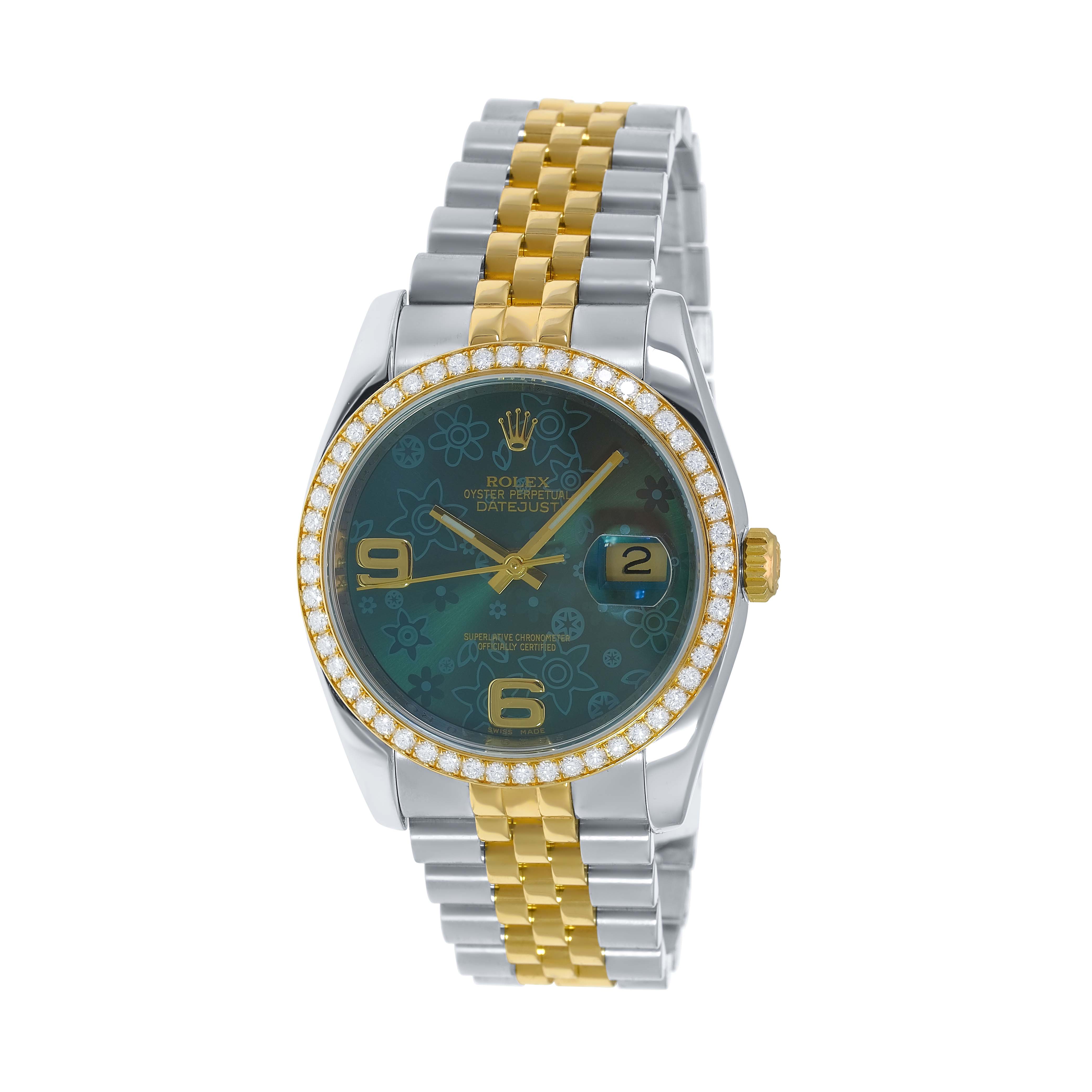 Rolex Datejust Green Floral Diamond Bezel Jubilee 116243 - luxuriantconcierge