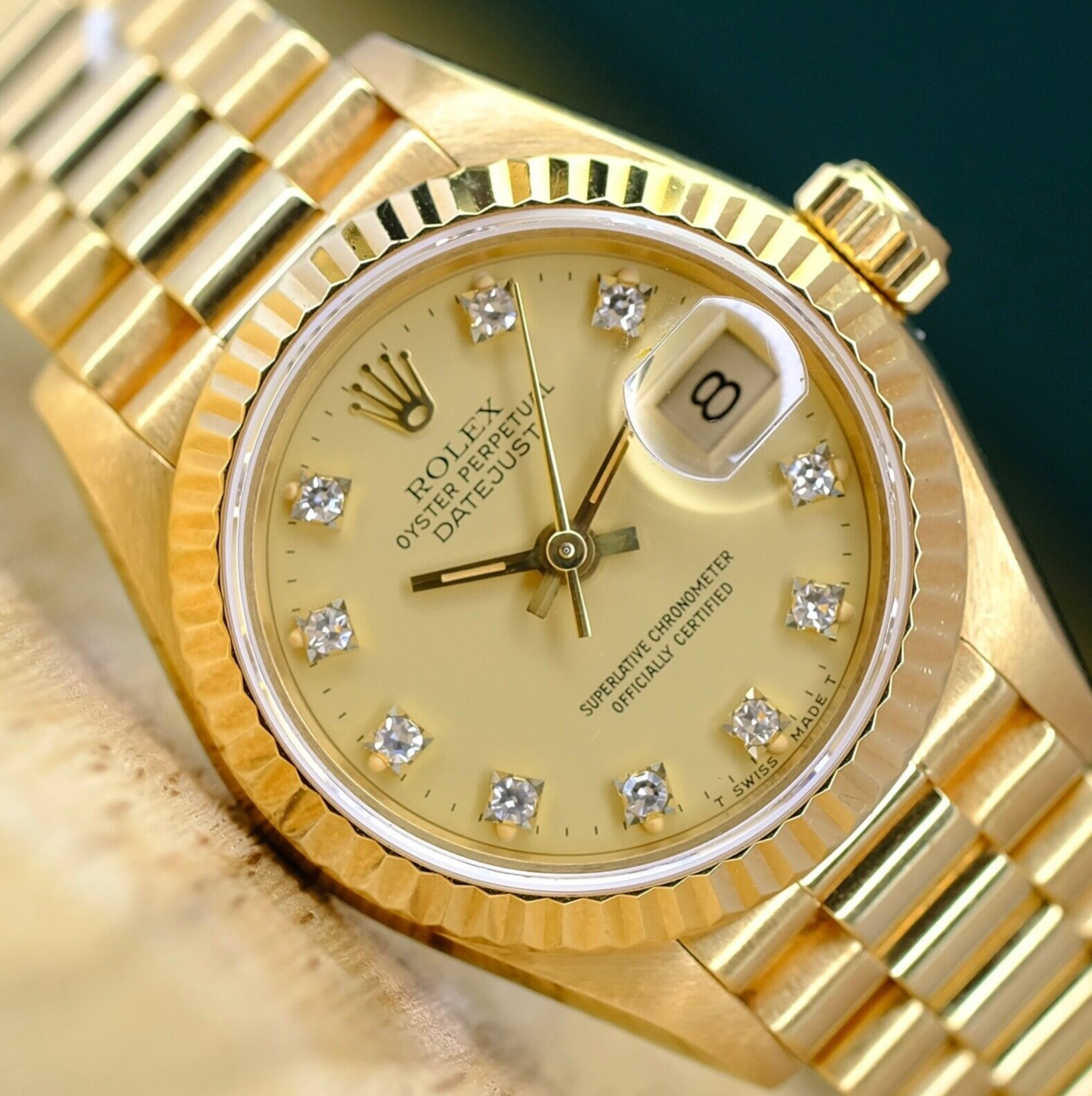 Rolex Datejust Ladies 18K Sold Gold President Diamond Dial 69178 Watch - luxuriantconcierge