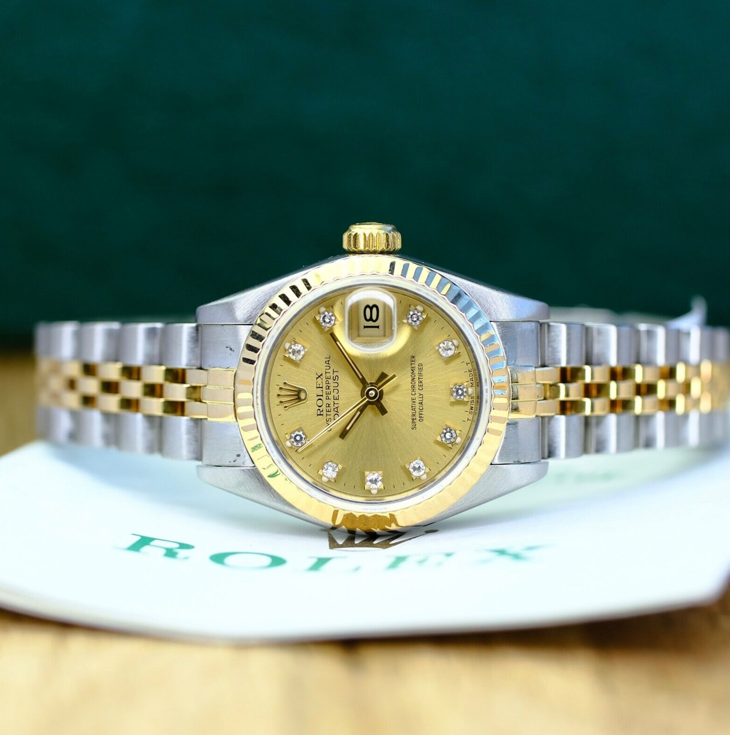 Rolex Womens Datejust 18KY & SS Original Champagne Diamond Dial 69173 Watch B&P - luxuriantconcierge