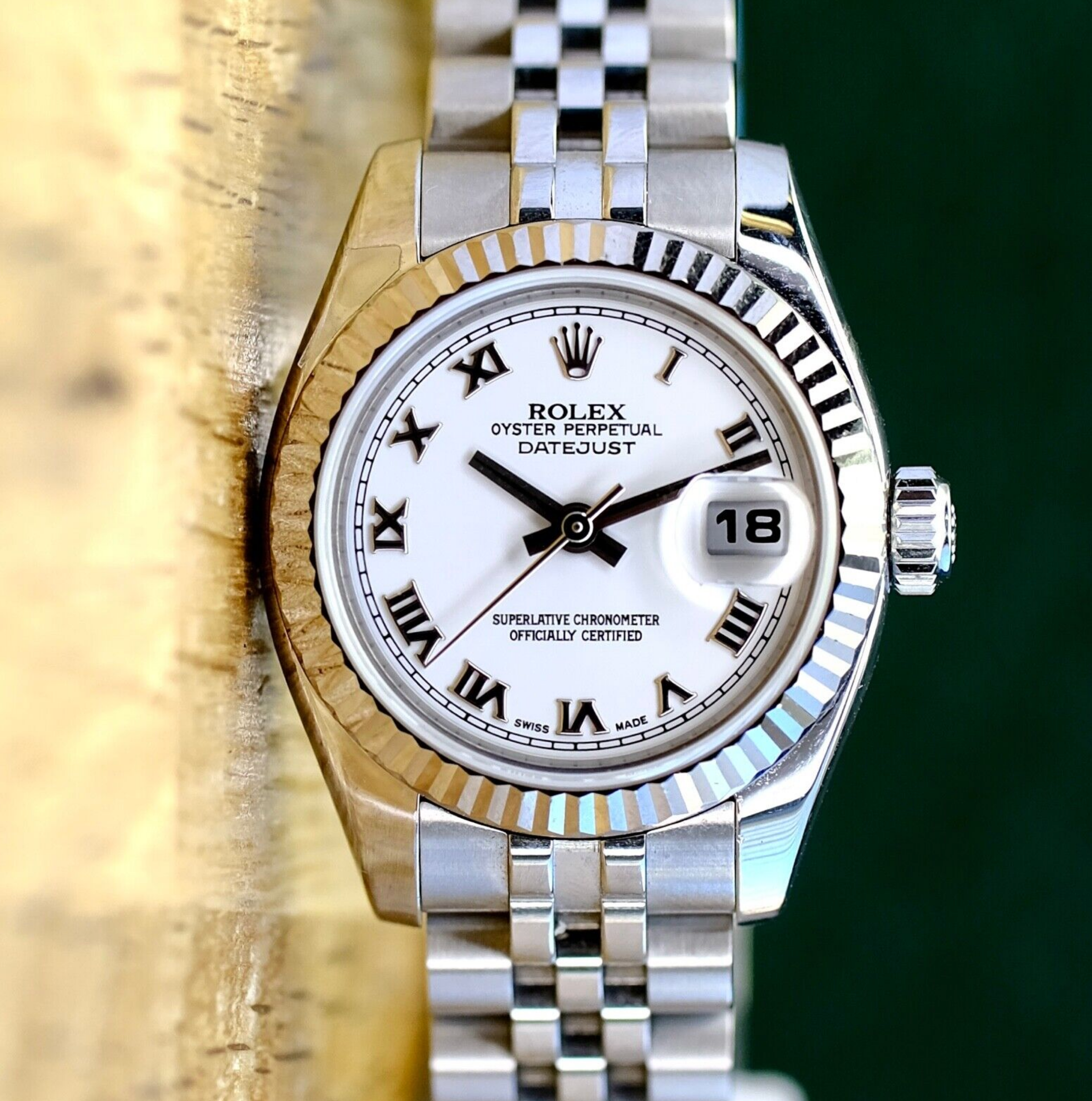 Rolex Ladies Datejust White Roman 18KW & SS Fluted 179174 Watch - luxuriantconcierge