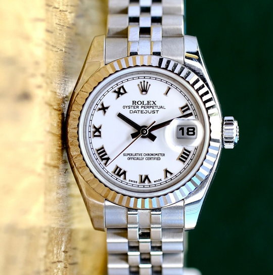 Rolex Ladies Datejust White Roman 18KW & SS Fluted 179174 Watch - luxuriantconcierge