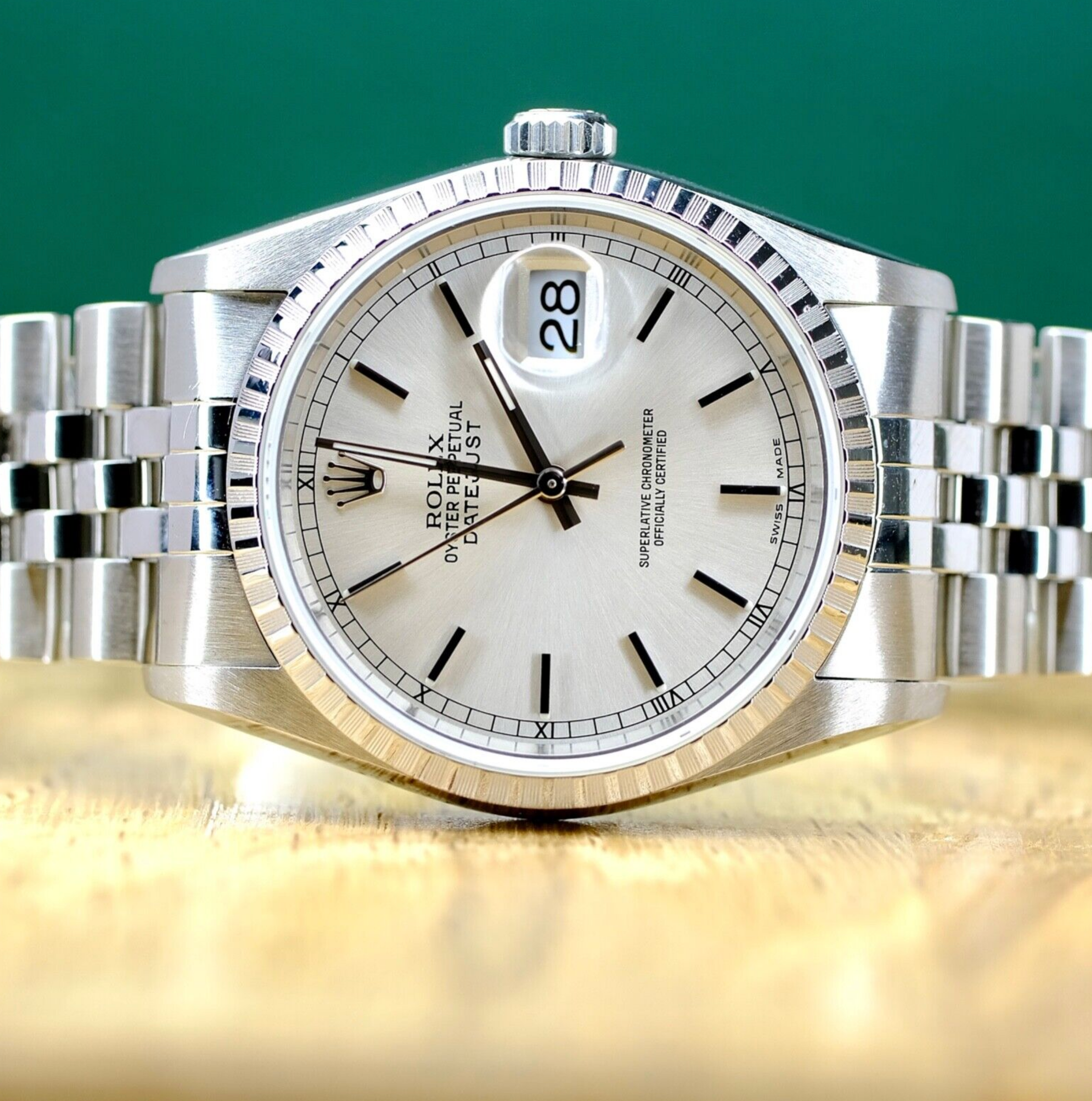 Rolex Mens Datejust SS Silver Index Dial Engine-turned Bezel 16220 Watch - luxuriantconcierge