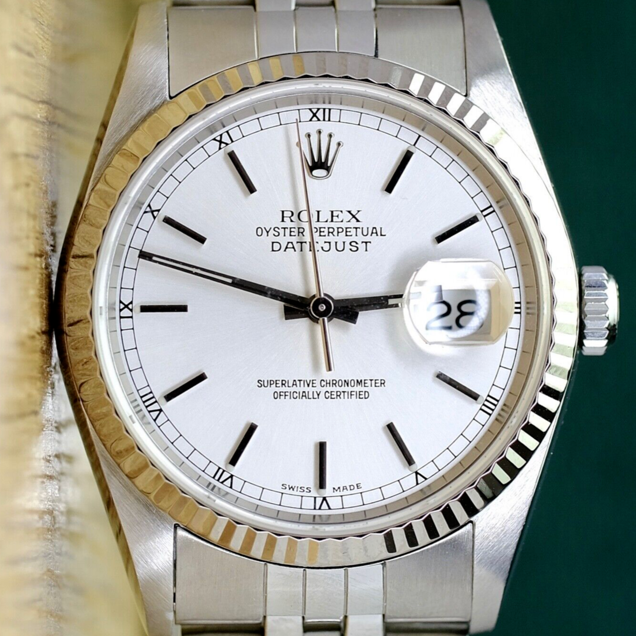 Rolex Mens Datejust 18KW & Steel Silver Index Dial Fluted Jubilee 16234 Watch - luxuriantconcierge