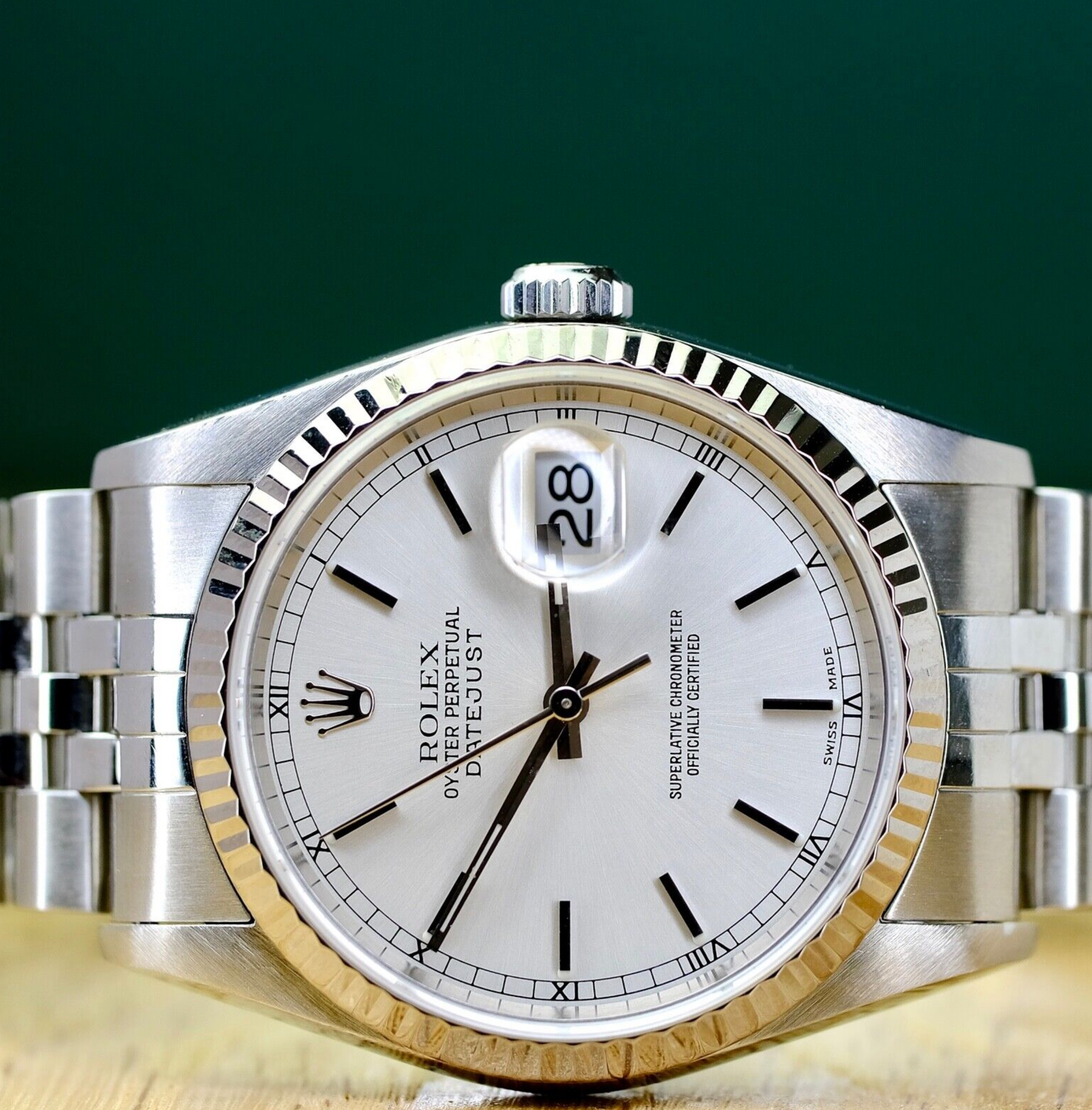 Rolex Mens Datejust 18KW & Steel Silver Index Dial Fluted Jubilee 16234 Watch - luxuriantconcierge