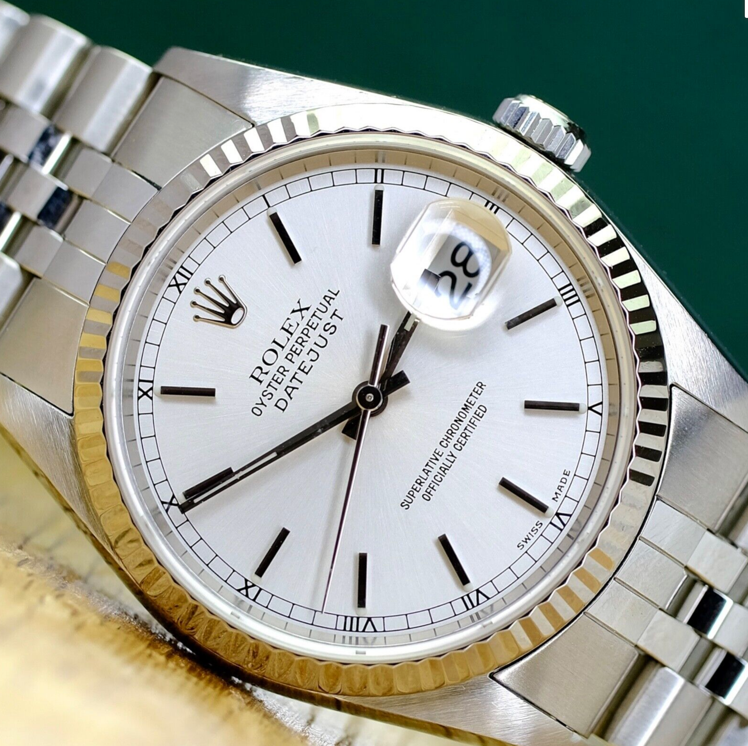 Rolex Mens Datejust 18KW & Steel Silver Index Dial Fluted Jubilee 16234 Watch - luxuriantconcierge