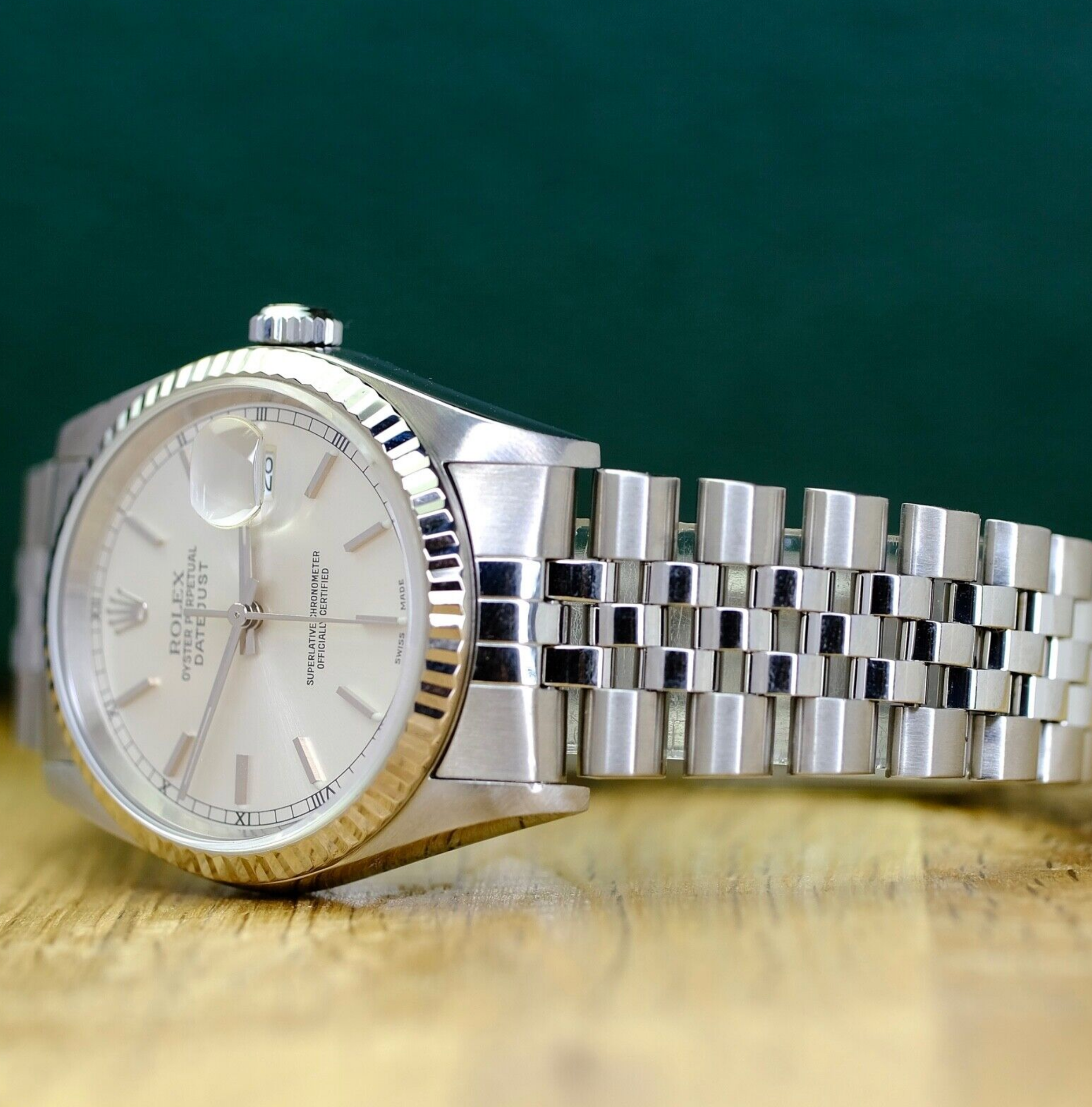 Rolex Mens Datejust 18KW & Steel Silver Index Dial Fluted Jubilee 16234 Watch - luxuriantconcierge