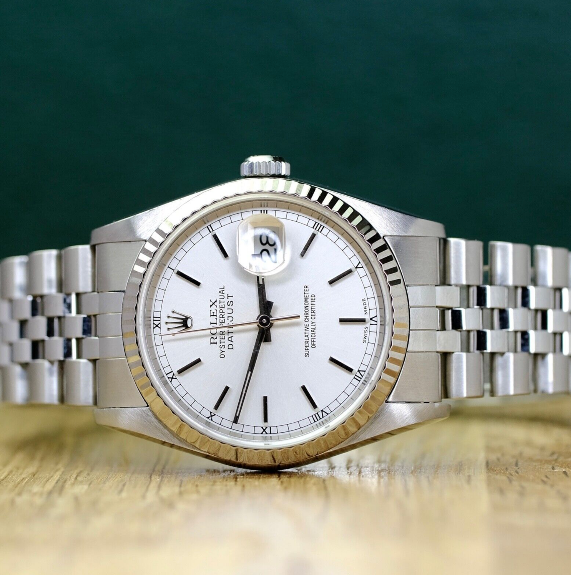 Rolex Mens Datejust 18KW & Steel Silver Index Dial Fluted Jubilee 16234 Watch - luxuriantconcierge