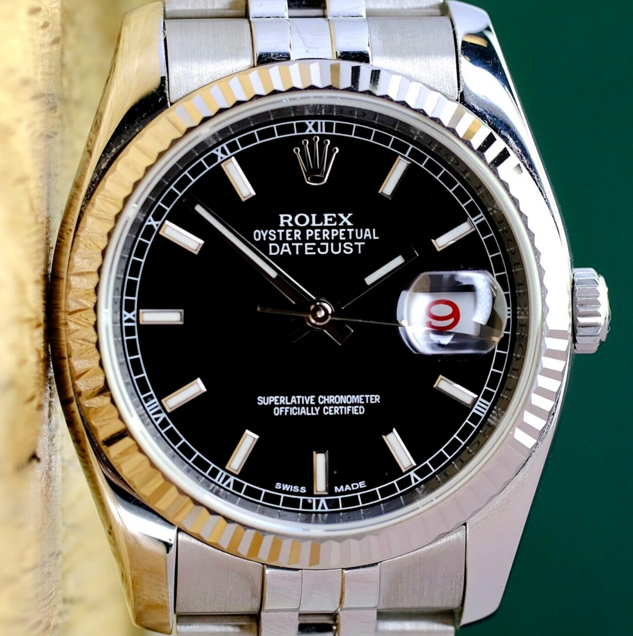 Rolex Mens Datejust Black Index 18KW & Steel Fluted Roulette Date 116234 Watch - luxuriantconcierge