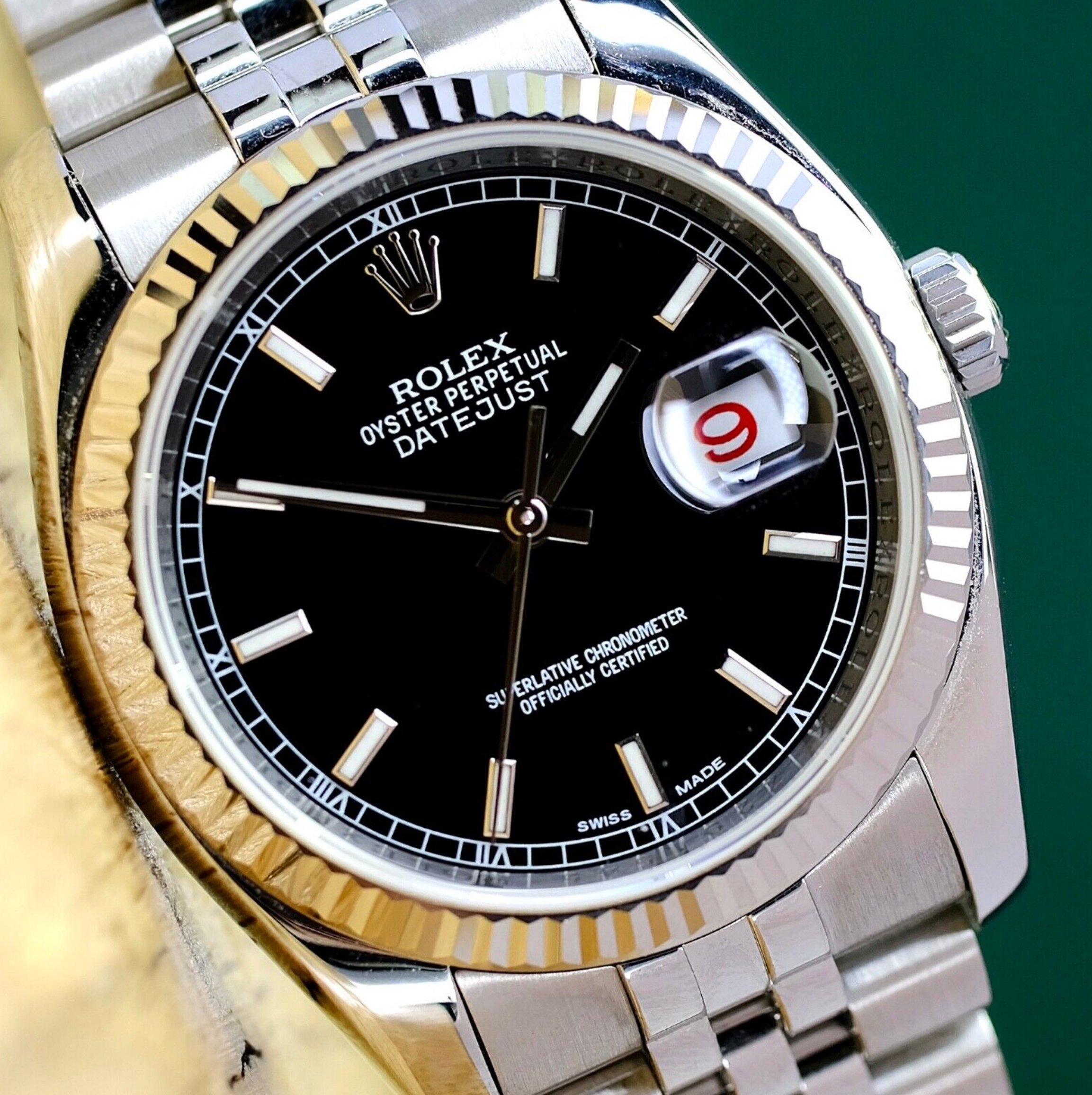 Rolex Mens Datejust Black Index 18KW & Steel Fluted Roulette Date 116234 Watch - luxuriantconcierge