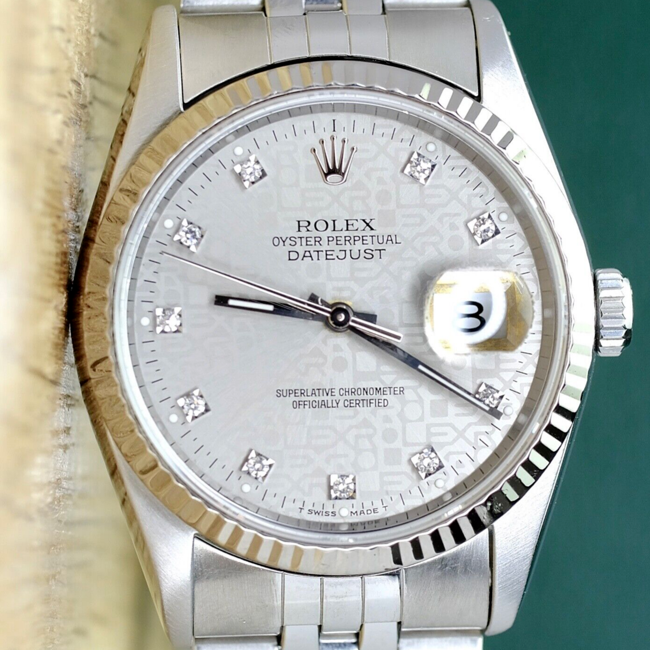 Rolex Mens Datejust Factory Silver Diamond Dial Fluted Jubilee 16234 Watch - luxuriantconcierge