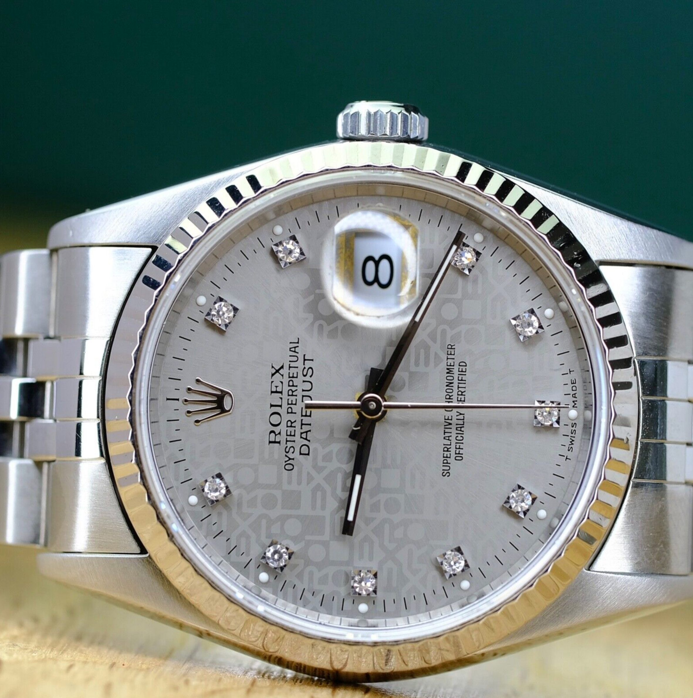 Rolex Mens Datejust Factory Silver Diamond Dial Fluted Jubilee 16234 Watch - luxuriantconcierge