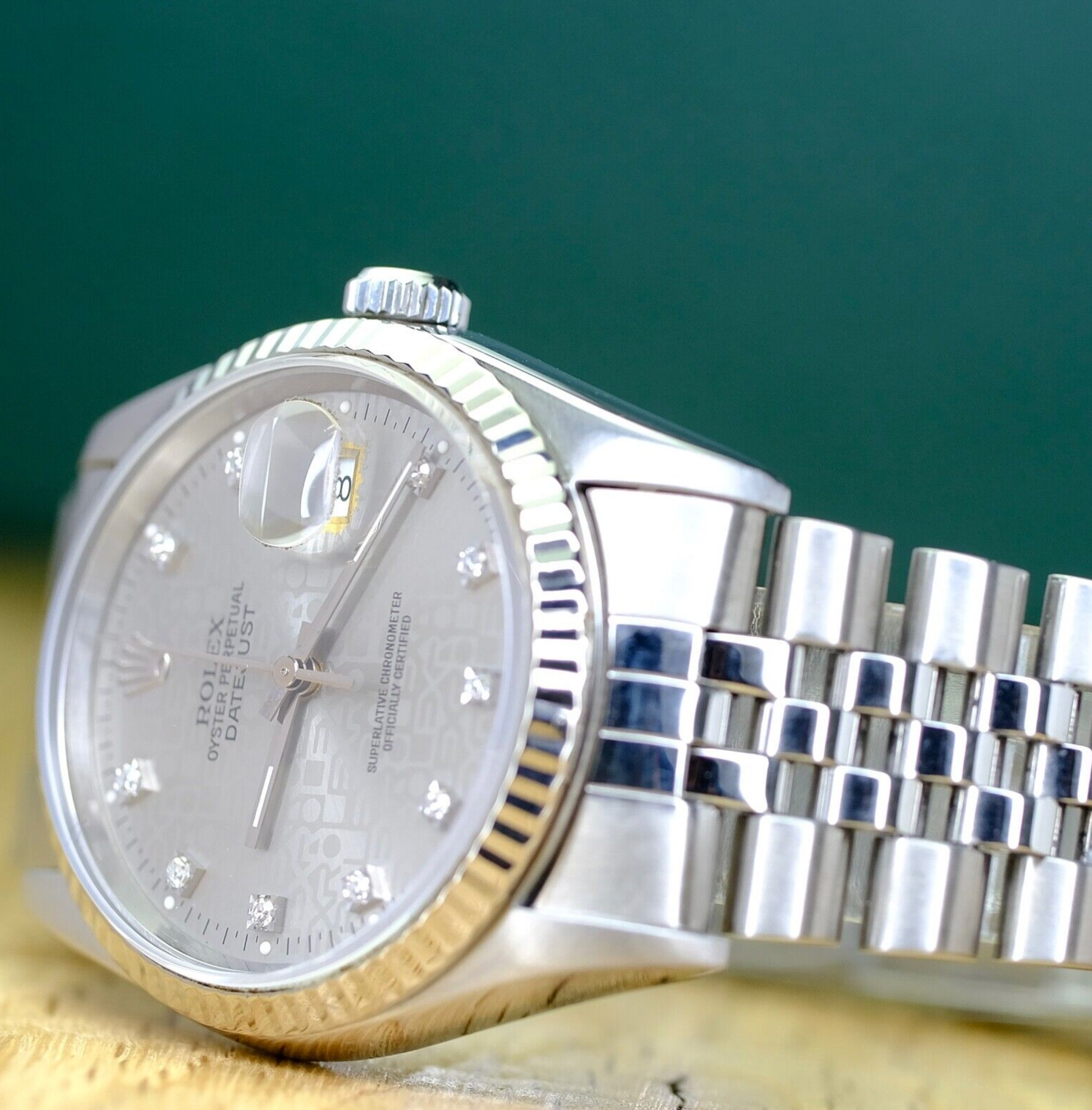 Rolex Mens Datejust Factory Silver Diamond Dial Fluted Jubilee 16234 Watch - luxuriantconcierge