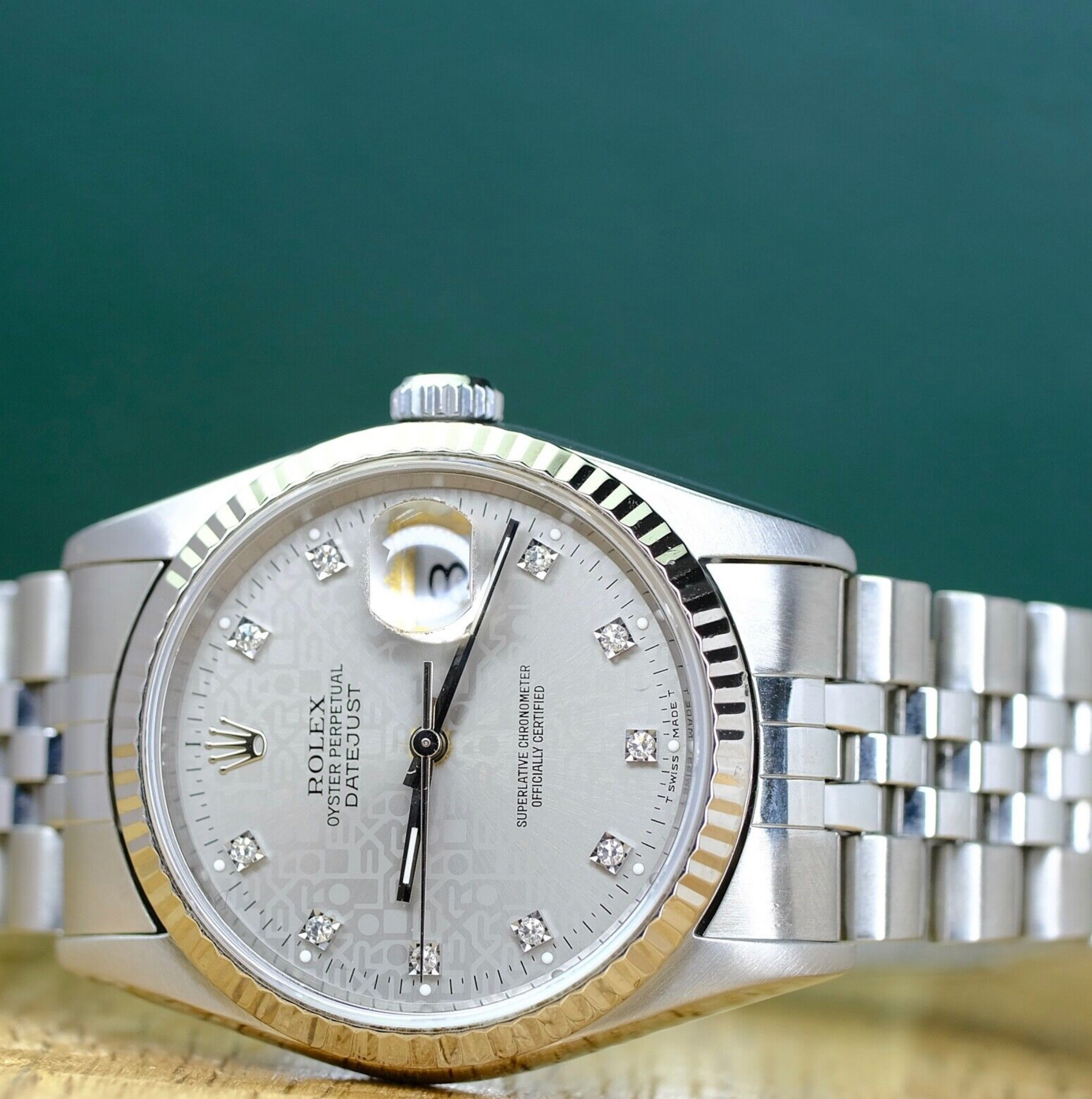 Rolex Mens Datejust Factory Silver Diamond Dial Fluted Jubilee 16234 Watch - luxuriantconcierge