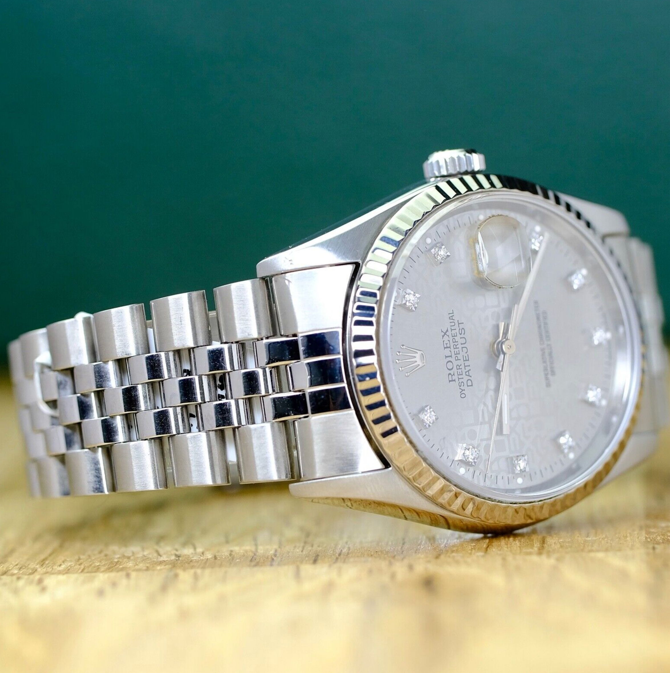 Rolex Mens Datejust Factory Silver Diamond Dial Fluted Jubilee 16234 Watch - luxuriantconcierge