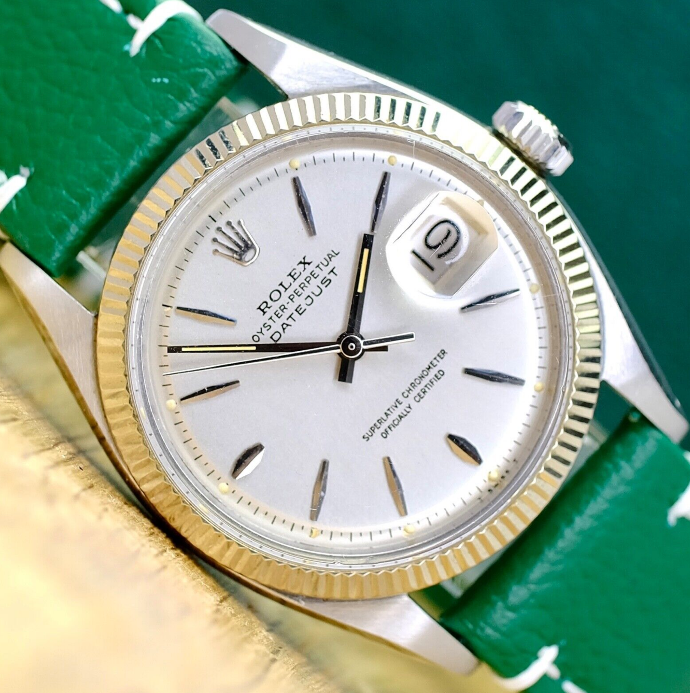 Rolex Mens Datejust SS & 18KW Silver Dial Green Leather Band 1601 Watch - luxuriantconcierge