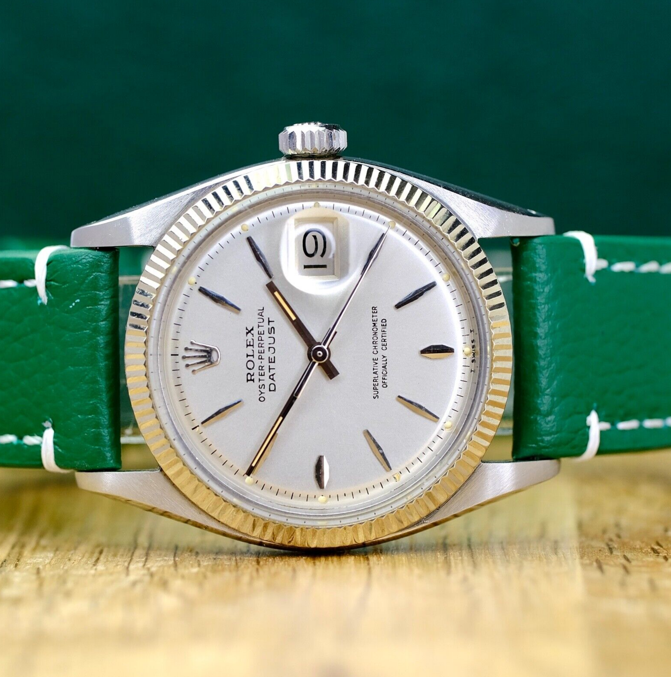 Rolex Mens Datejust SS & 18KW Silver Dial Green Leather Band 1601 Watch - luxuriantconcierge