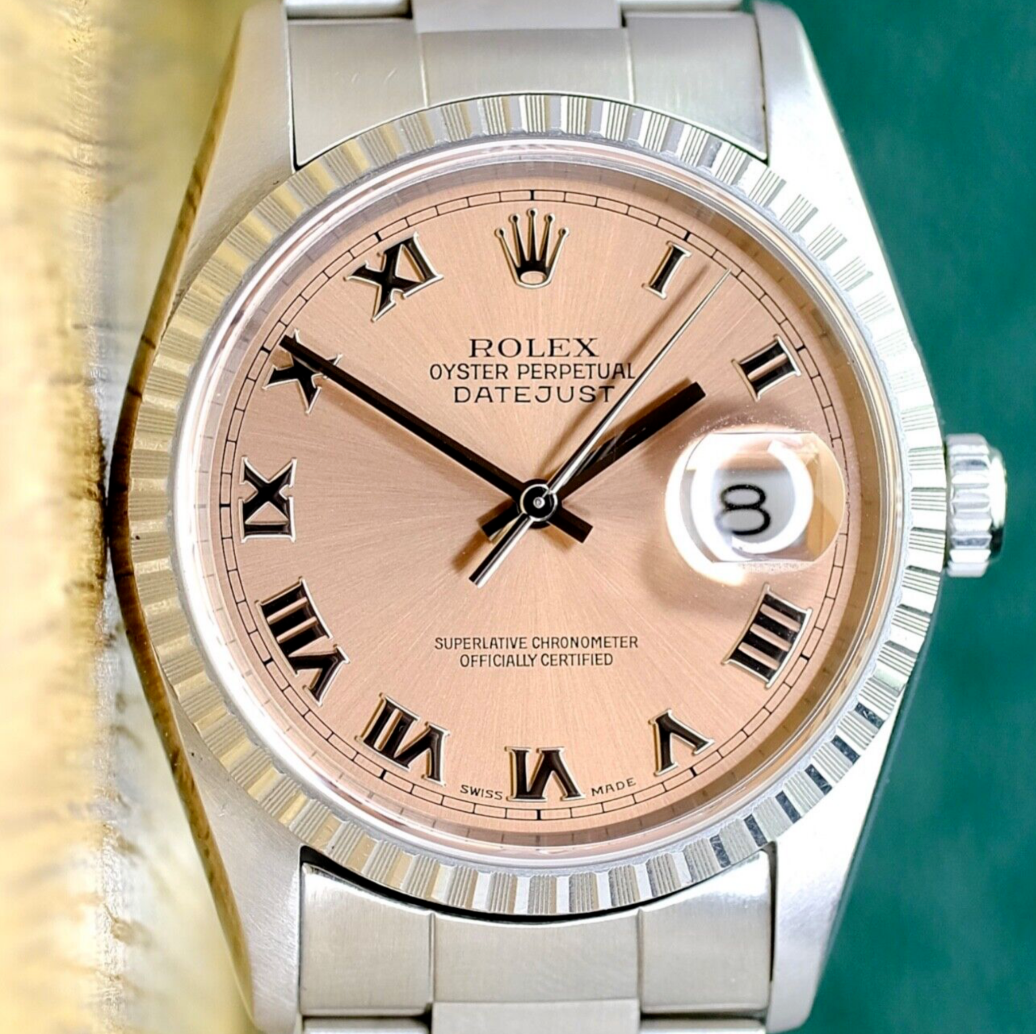 Rolex Mens Datejust Salmon Roman Dial Engine-Turned Bezel 16220 All Original Watch - luxuriantconcierge